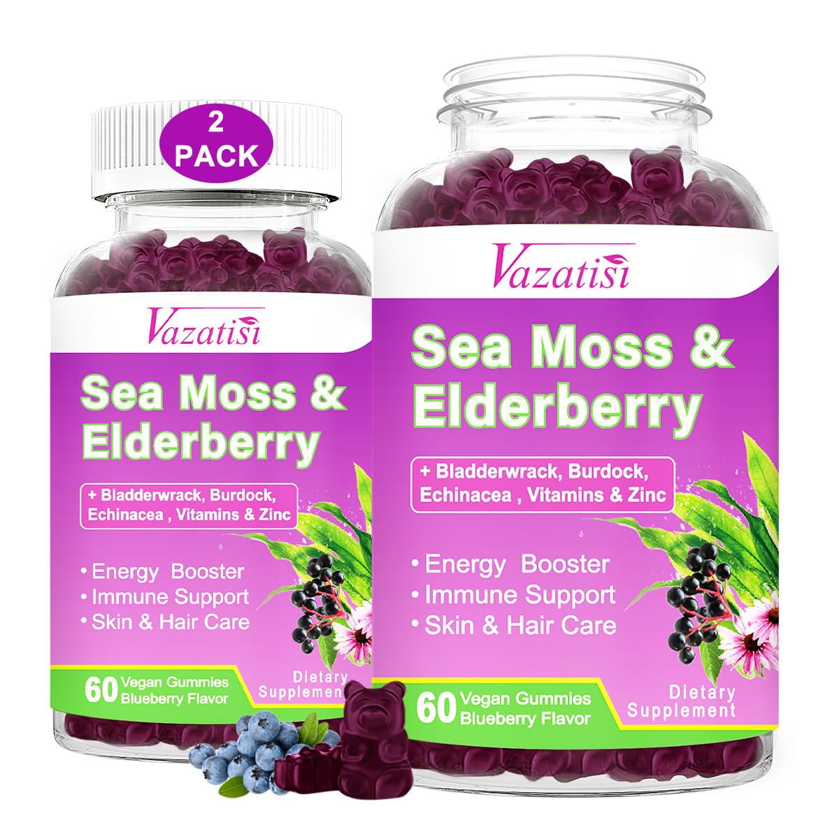 2 Pack Elderberry Gummies with Sea Moss, Extra Strength Elderberry with Vitamin C, Zinc for Immune Support for Adults, Kids, Women & Men, Blueberry Flavor 120Cts