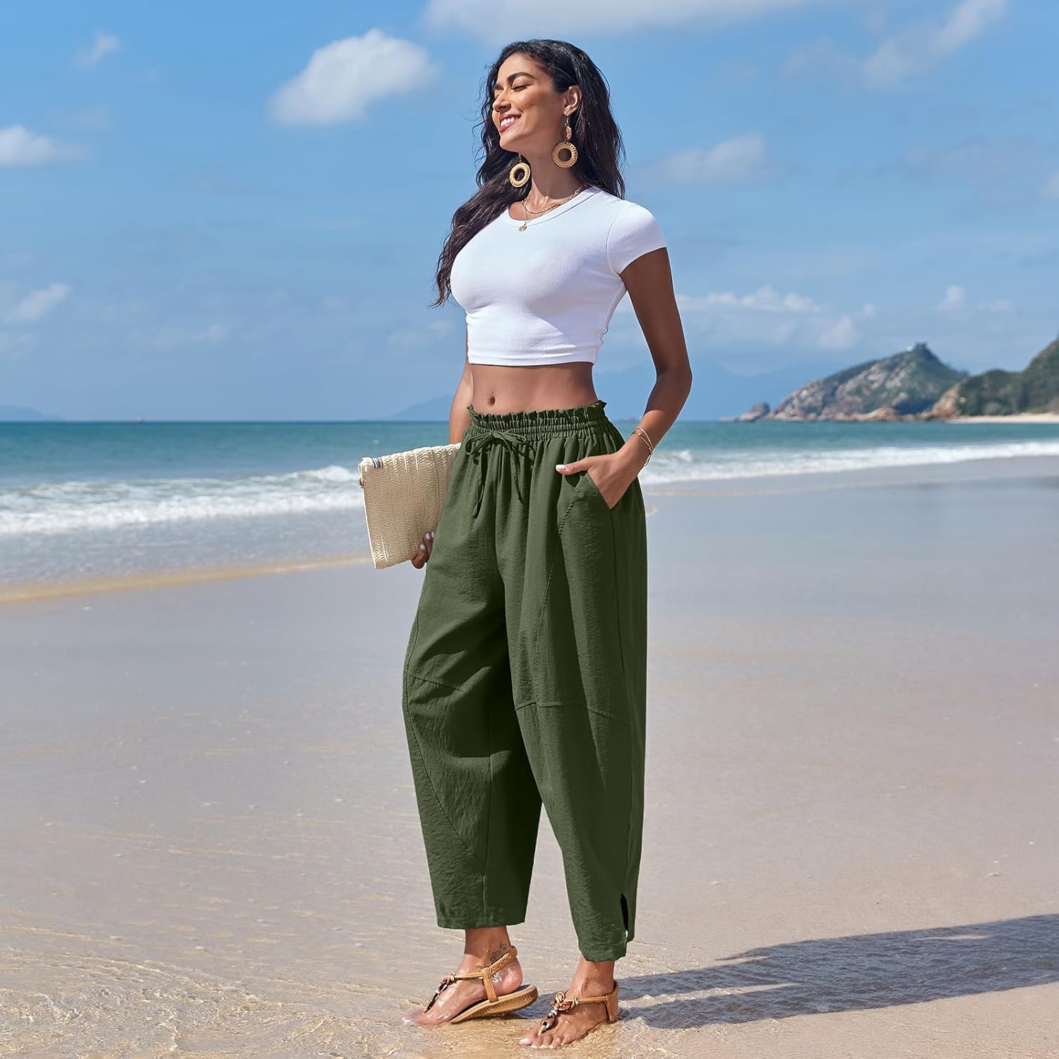 Women's Capri Pants Wide Leg Harem Palazzo Pant Drawstring Casual Cropped Trousers with Pockets - Image 3