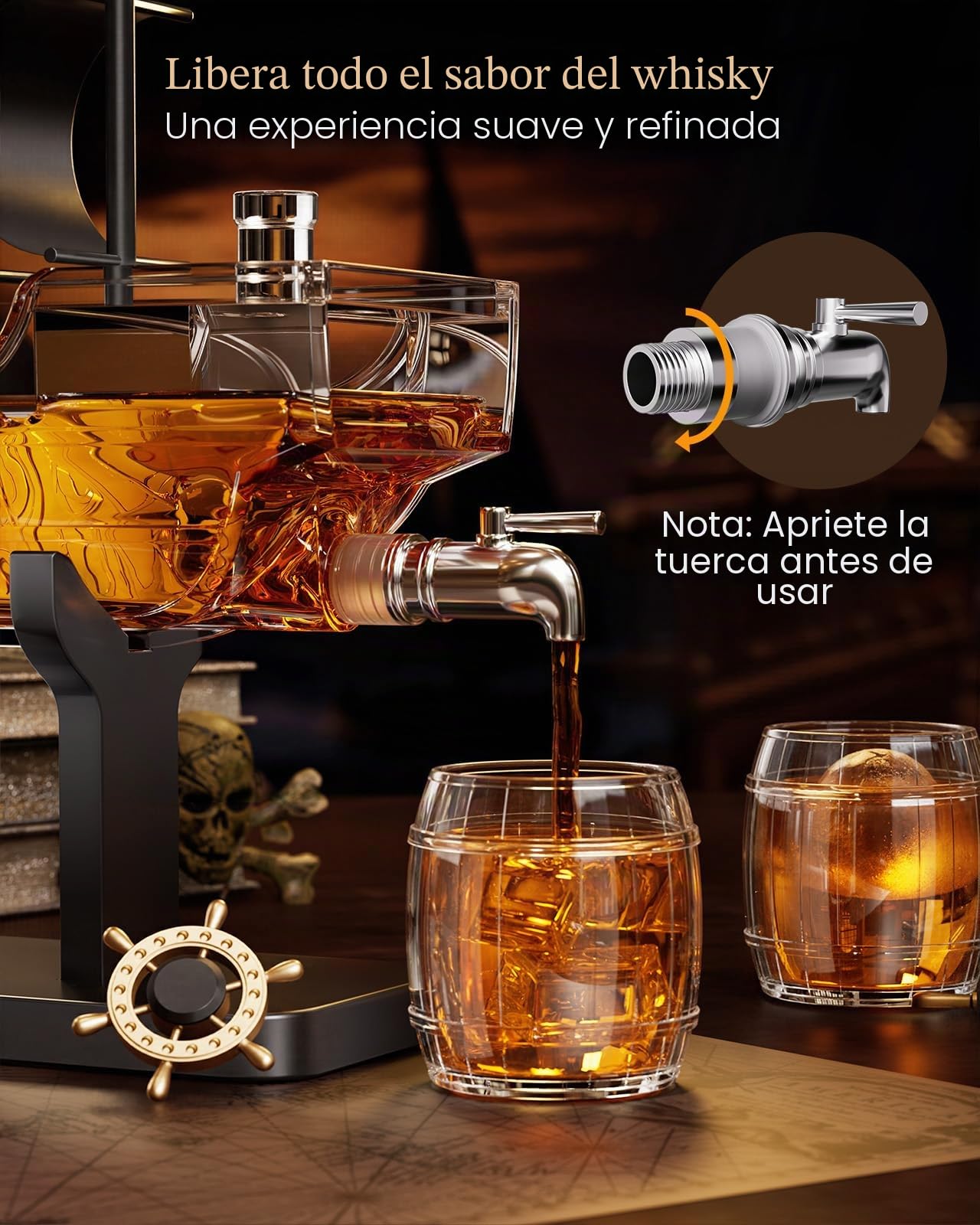 Kollea Regalos de cumpleaños para hombres papá, decantador de whisky con barco pirata, juego de 2 vasos, dispensador de licores para el bar en casa, ideas de regalo divertidas para él, novio