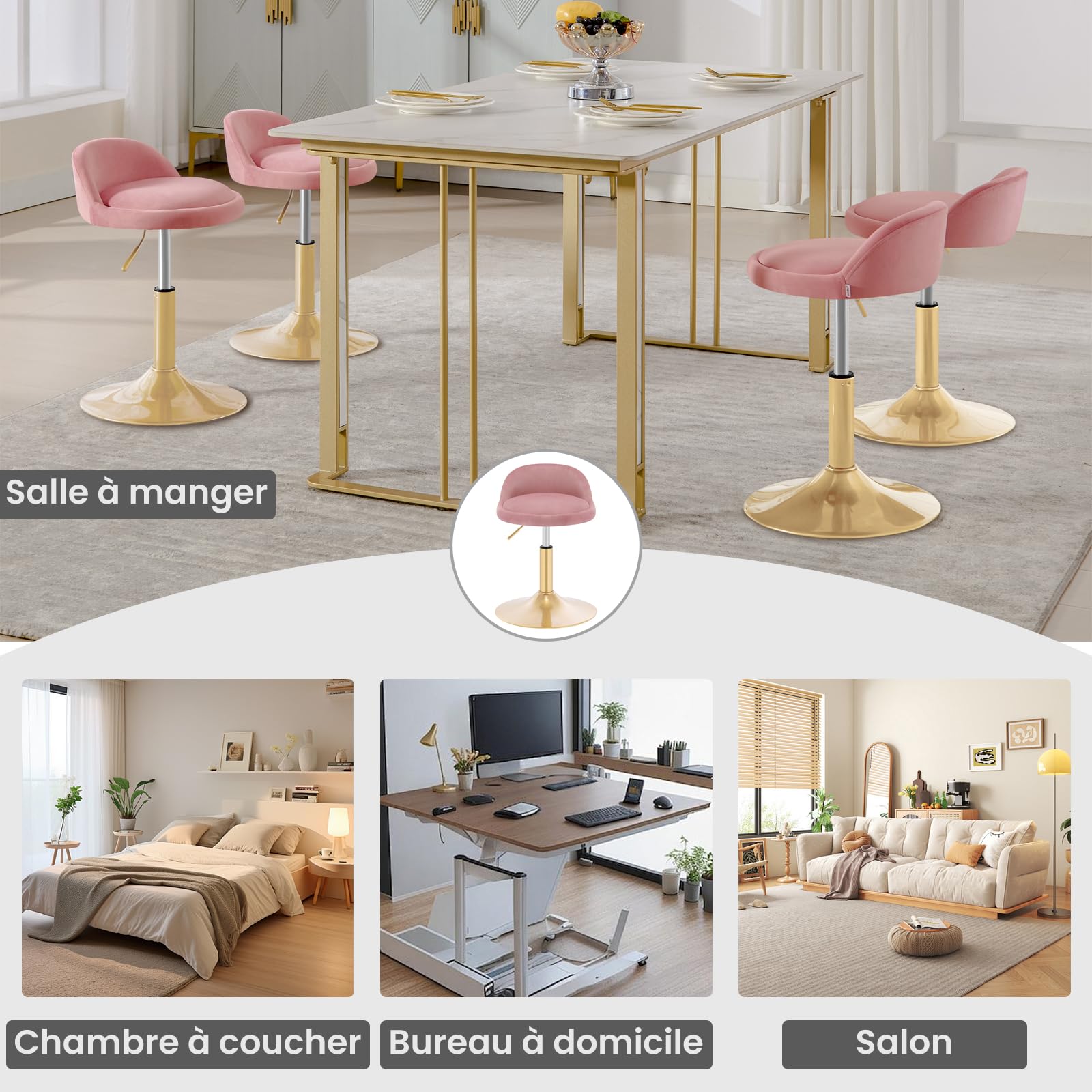 WOLTU Tabouret de Coiffeuse, Tabouret Pivotant Réglable en Hauteur 42,5-60 cm, en Velours, pour Salle à Manger, Cuisine, Salon, Chambre à Coucher,Bureau,Rose,BH425rs-1