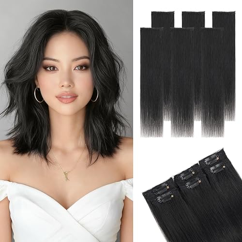 Prokyvity Clip in Short Hair Extensions Real Human Hair 6 Pieces 10 Inch Jet Black