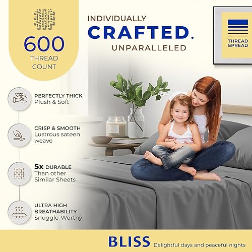 Miniatura 2 de THREAD SPREAD Sábanas individuales 100% de algodón egipcio, 600 hilos, 3 piezas de bolsillo profundo, suaves y refrescantes, tejido de satén extra