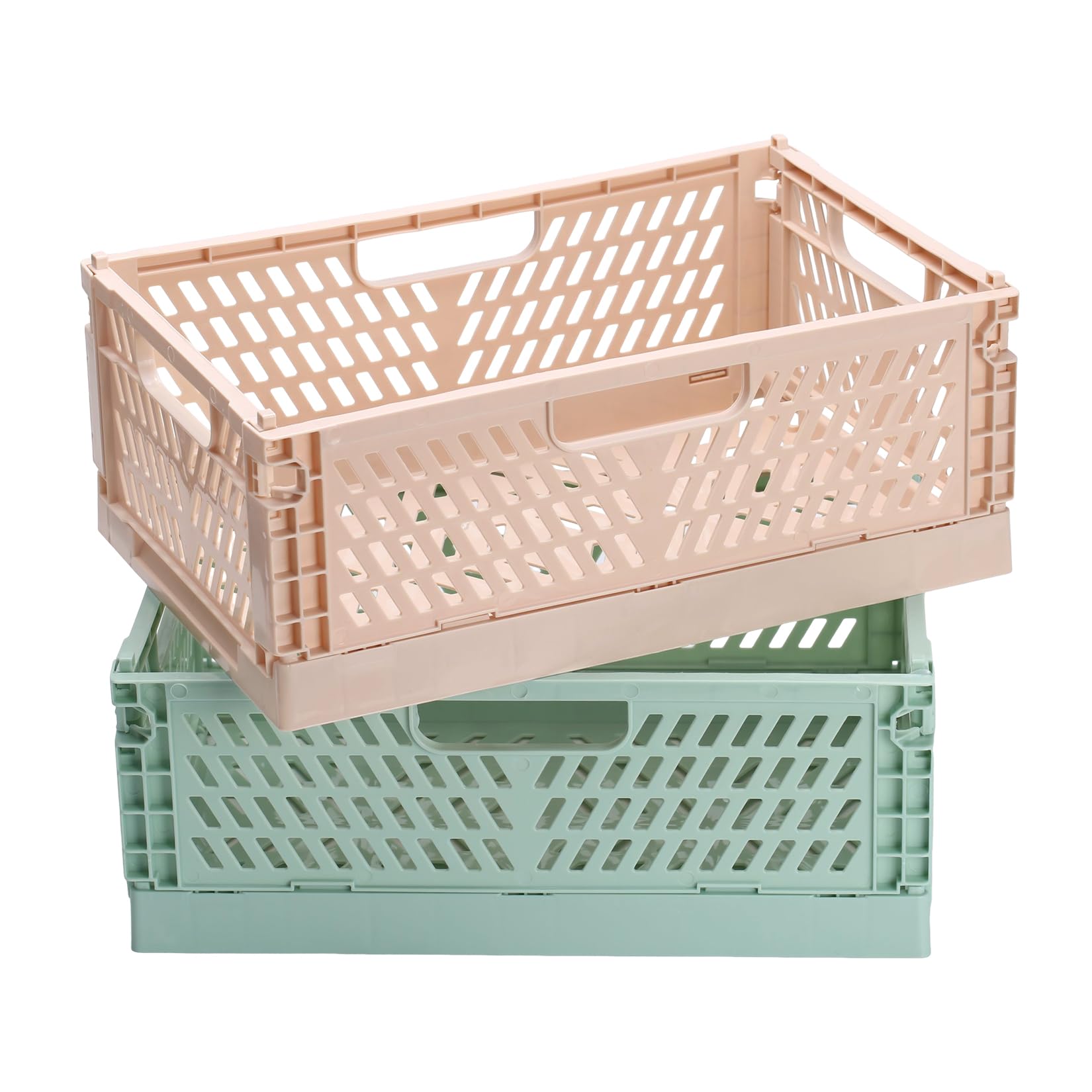 PIANKEKE 2 Pcs Collapsible Storage Box, Plastic Stackable Folding Storage CratesStorage Baskets, Folding Crate with Handles for Office Kitchen Bathroom Desktop(12x7.87x4.5, Green/Milk Tea Color)