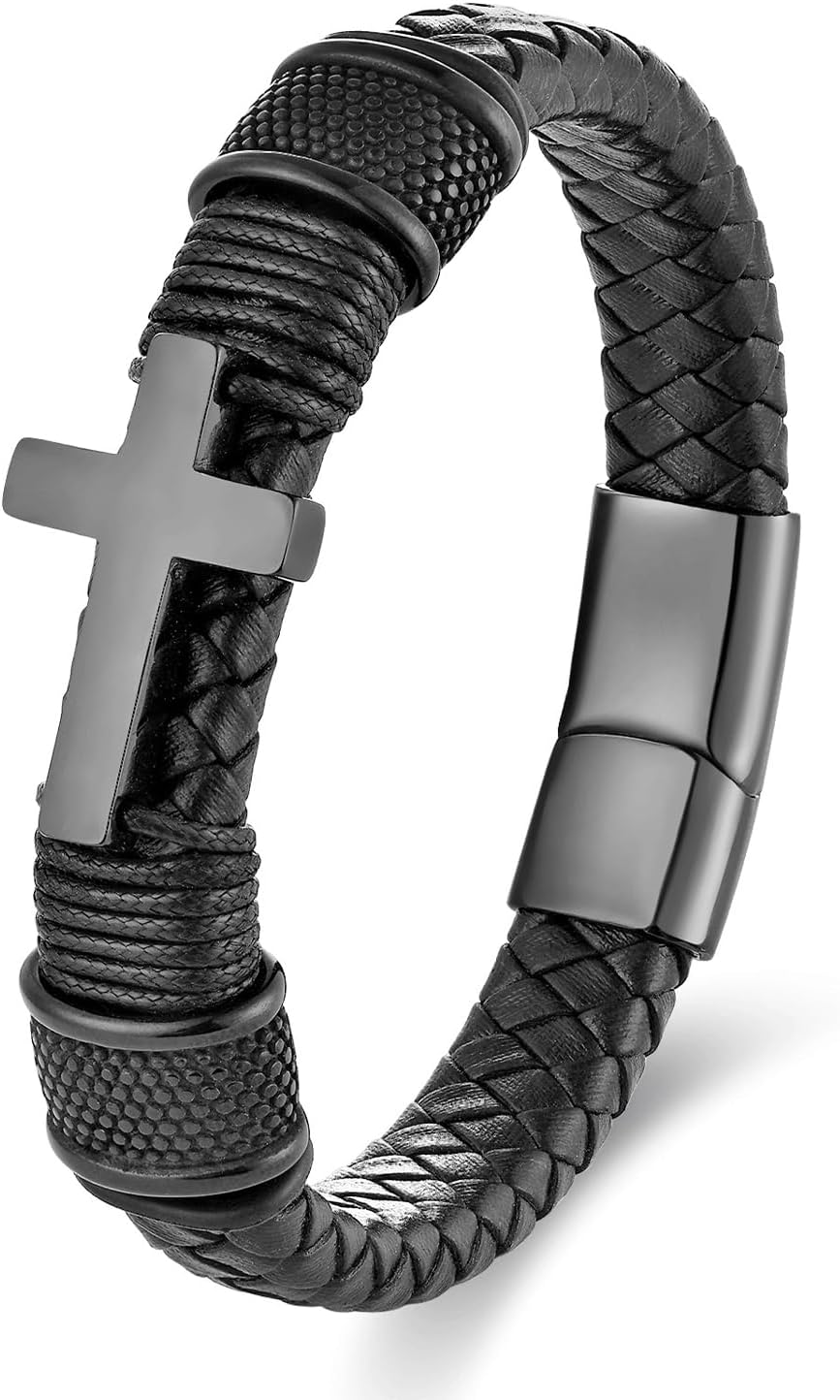 Mens Cross Braided Genuine Leather Bracelet Black 316L Stainless Steel Religious Jewelry Christian Gifts for Men