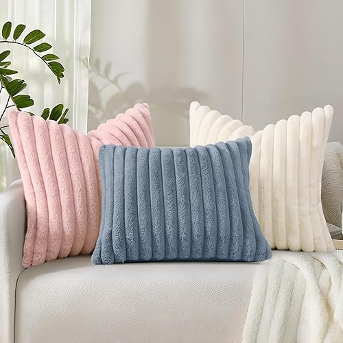 Miniatura 9 de decorUhome - Juego de 2 fundas para cojín de piel sintética, decorativas, afelpados, suaves, a rayas, parte posterior de terciopelo para sofá, cama,