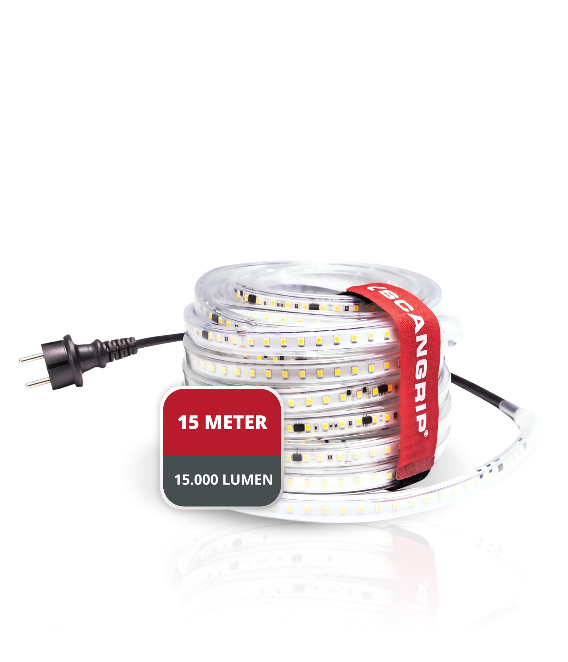 Scangrip® Rope Light, LED Lichtschlauch Baustelle 15m – 15000 Lumen, IP66, EMV-zertifiziert, TÜV geprüft, direkt anschließbar – Baustellenbeleuchtung & Lichtbandtrommel – für Profis