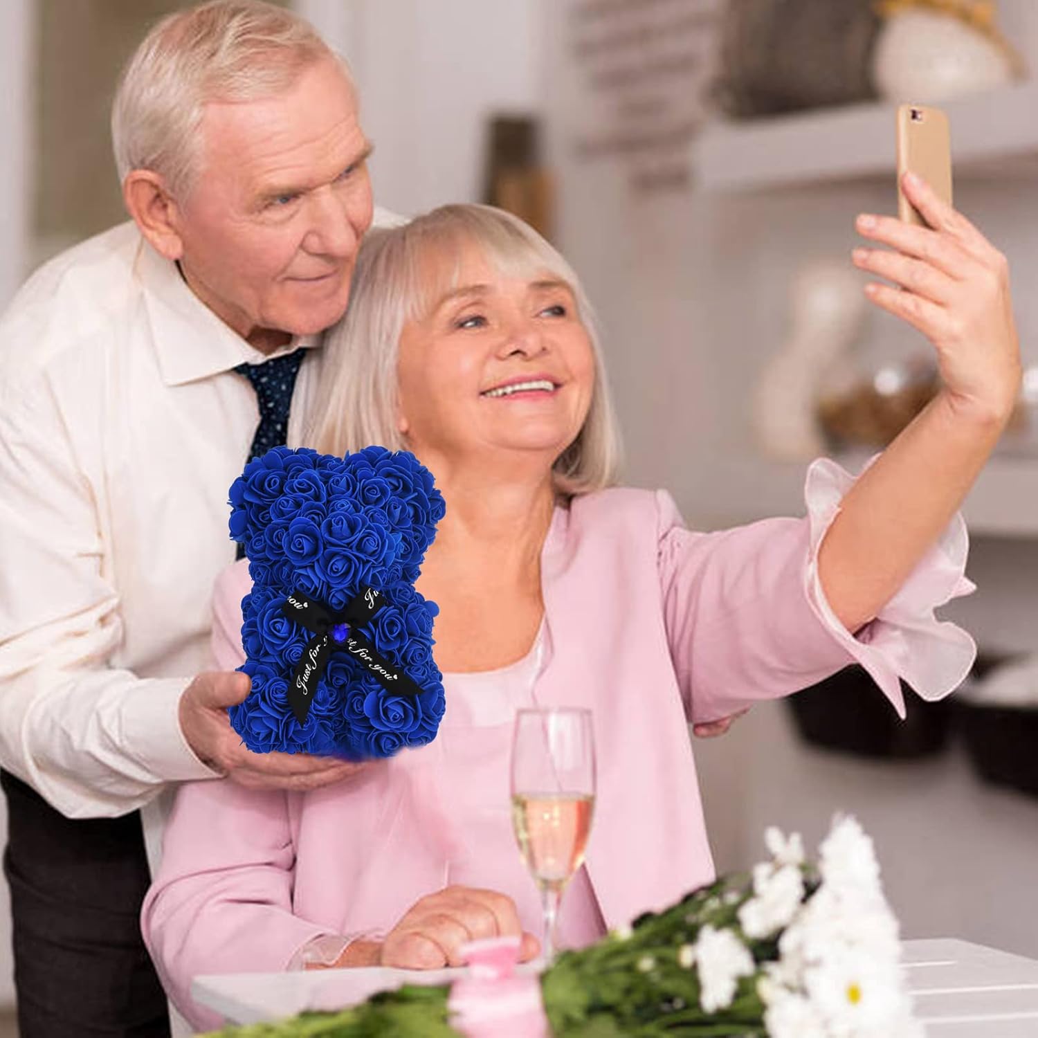 Artificial Rose Flower Bear,Perfect Romantic Gift for Her, Valentine's Mother's Day, Christmas, Birthday,Thanksgiving Party Anniversary Girl Friend Wife with Heart-Shaped Diamond,Sapphire Bule - Image 8