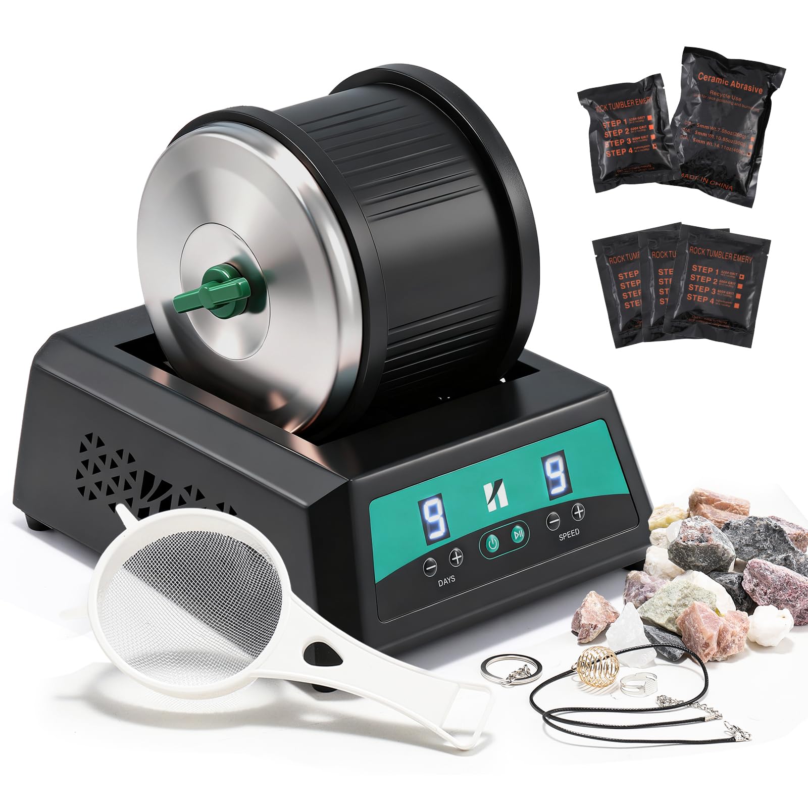 Huanyu Rock Tumbler Machine, 1.8kg Max Load, 9-Speed Motor, 9-Day Timer