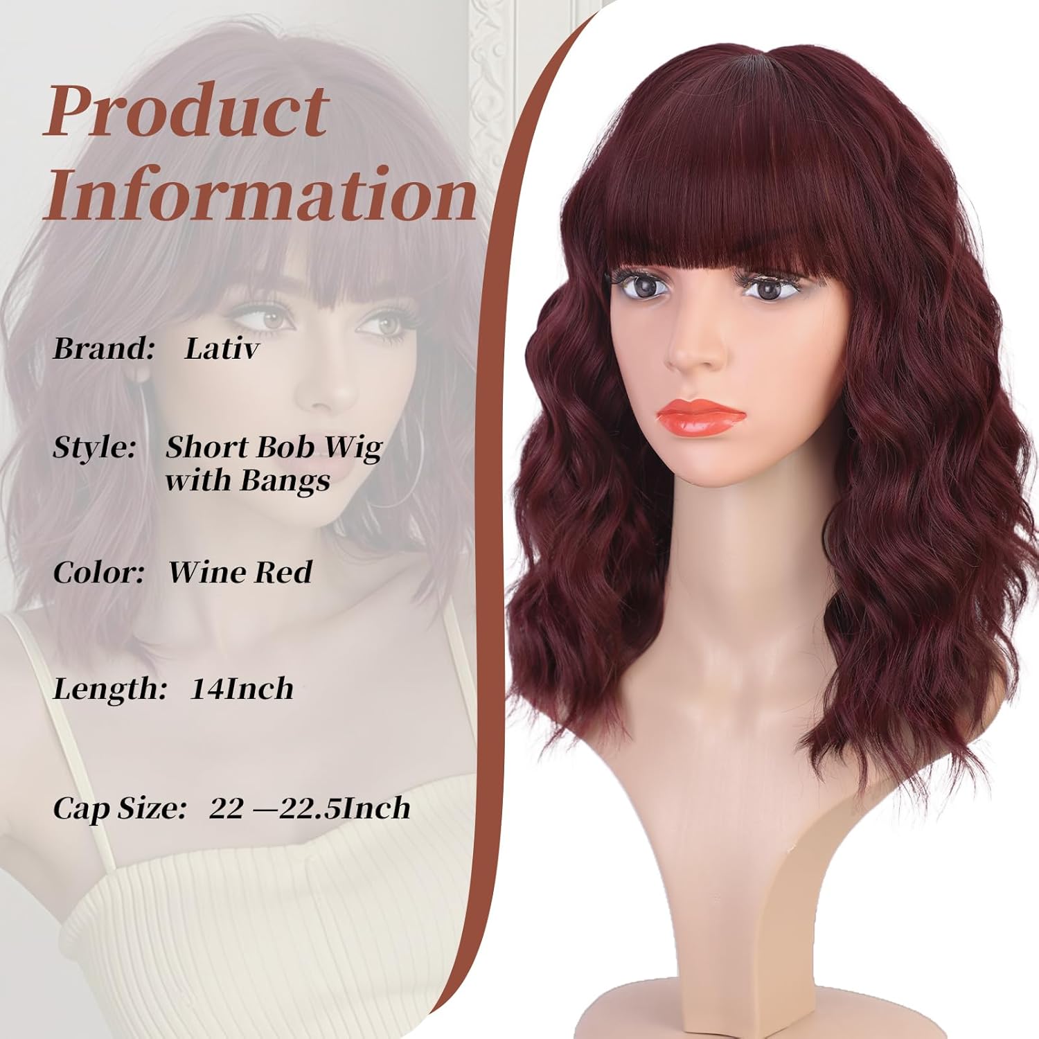 Lativ Wine Red Wig With Bangs Bob Wigs for Women Short Wavy Curly Shoulder Length 14 Inches Synthetic Hair for Halloween Costumes Cosplay Daily Use - Image 4