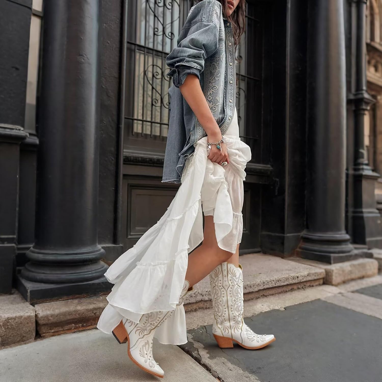 Agodor White Cowboy Boots For Women Pearl Cowgirl Ladies Knee High Boots with Classic Embroidery Pointed Toe Chunky Heel Pull On Fashion Dress Wedding Western Booties US6.5 - Image 7