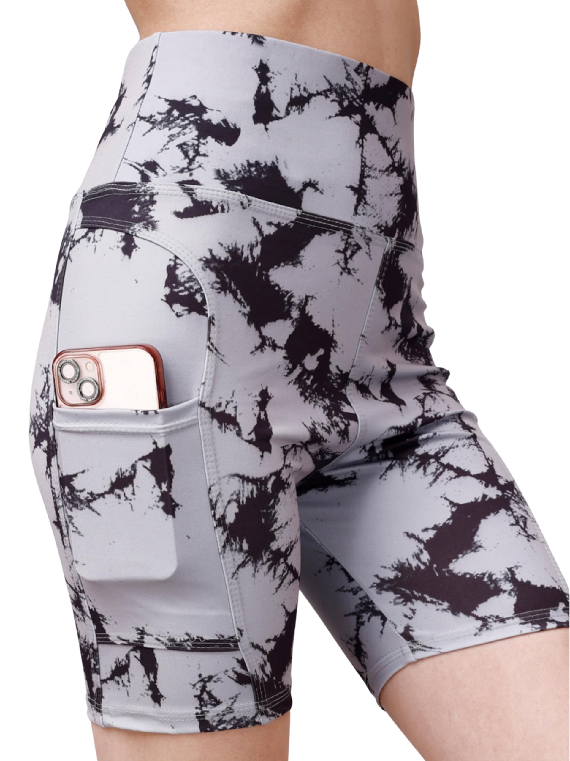 Women’s Polyester Stretchable Gym Tie Dye Shorts with Side Pockets High Waist Slim Fit Above Knee Length Activewear Tights Fitness Cycling Running YogaShorts for Women, Grey |Short -Grey-image-26