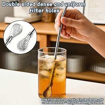 Stainless Steel Filter Straw Spoon, 2-in-1 Reusable Metal Drinking Straw with Detachable Double-Sided Filter, 9.65 Inch, 2 Pack