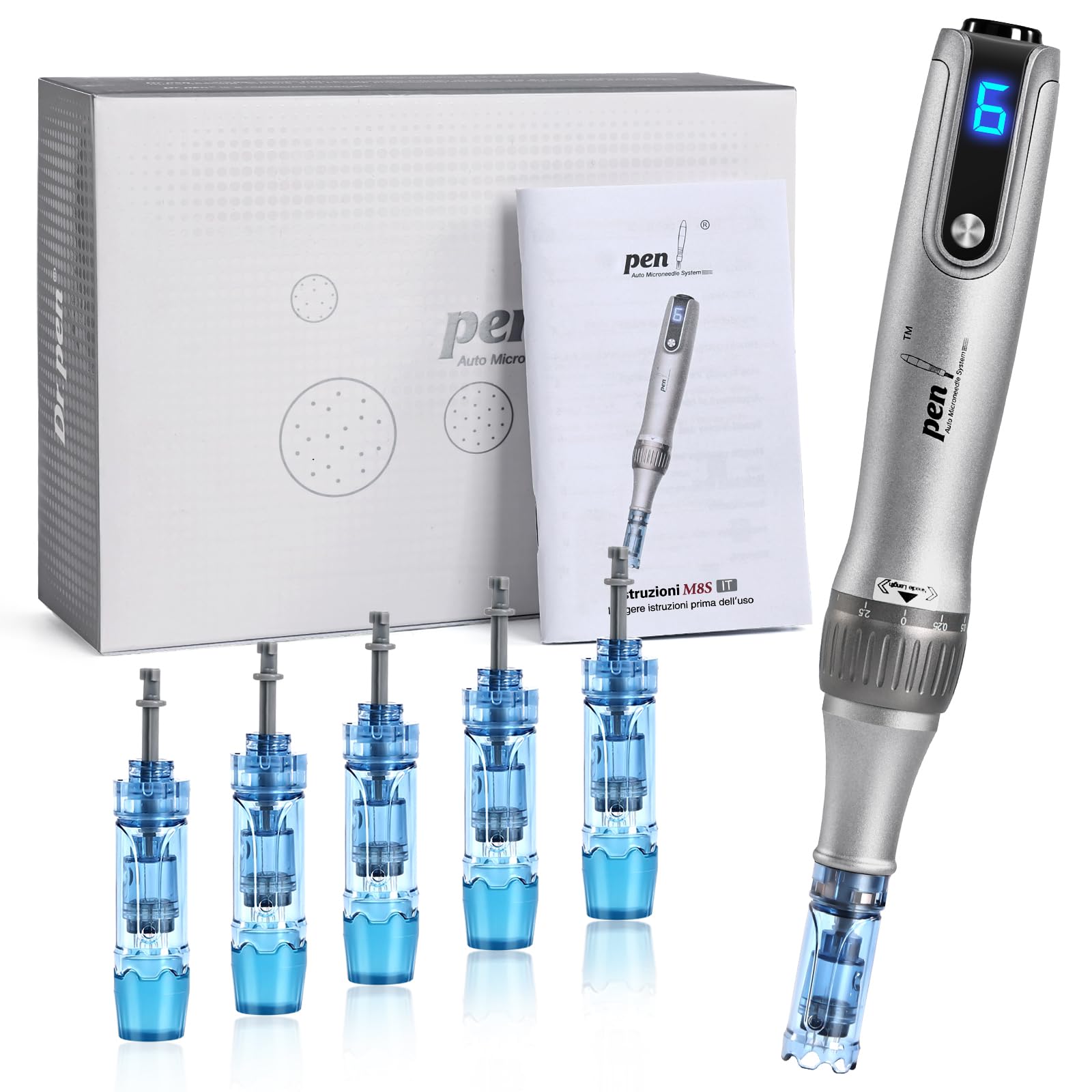 Penna per microneedling M8S, Derma Pen professionale wireless con 6 cartucce di ricambio aghi per Dr Pen M8S (12 pin, 36 pin), 6 velocità regolabili, micro aghi microneedle per viso, cura della pelle