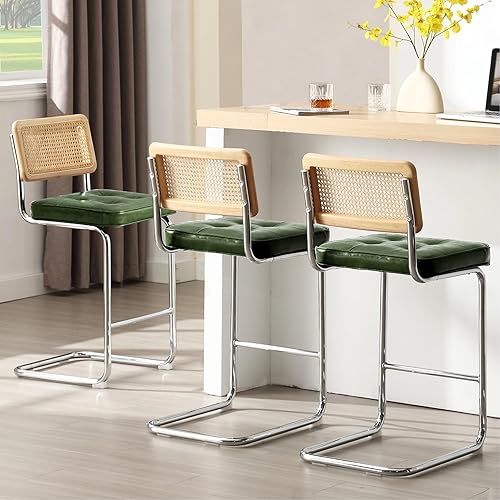 Zesthouse Natural Rattan Counter Stools Set of 3, 26" Mid Century Modern Bar Stools with Solid Wood Frame & Chrome Base, Upholstered Faux Leather Counter Height Barstools for Kitchen Island, Green