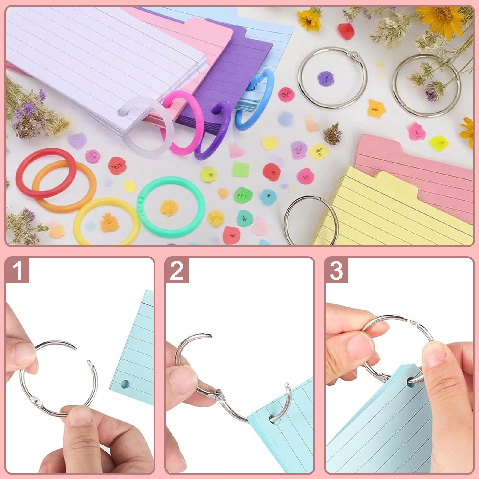 Boîte à Fiches de Rangement avec 150 Fiches Blanches, 15 Index Cards, 6 Anneaux pour l'École
