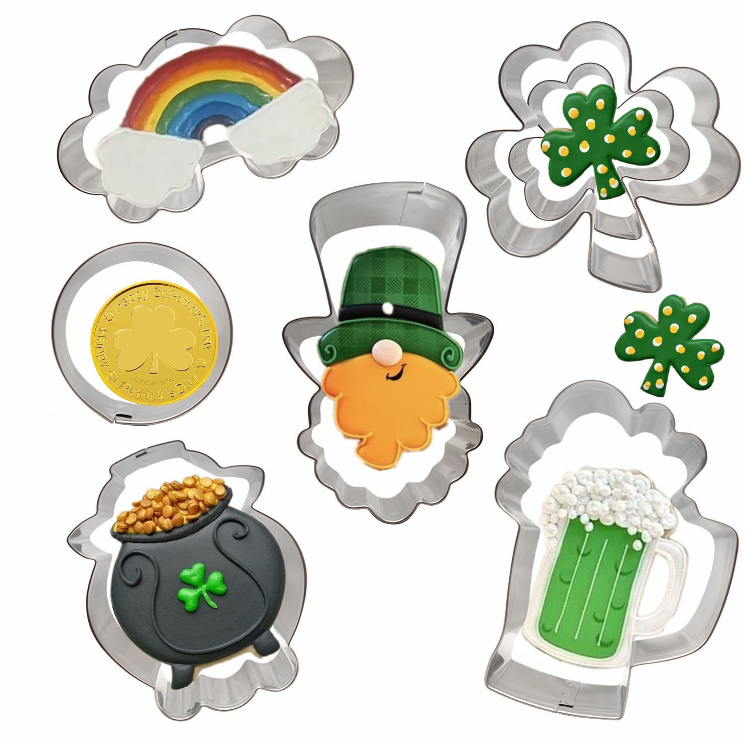 7 PCS St. Patrick's Day Cookie Cutter Set, Shamrock/Clover, Beer Mug, Rainbow, Gold Coin, Pot of Leprechaun Coin, Top Hat Cutter Mold Stainless Steel Biscuit Cutters for Irish Party