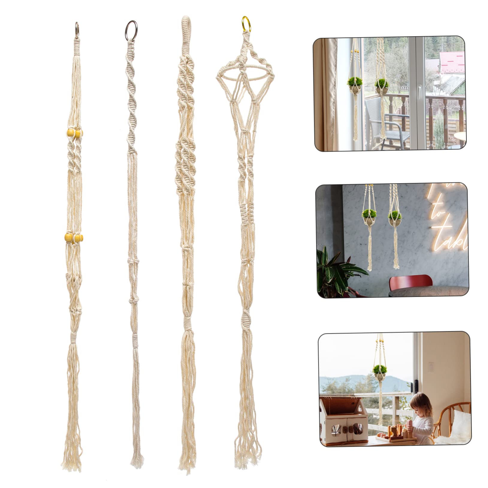 BESTonZON 4 Stück Makramee Blumenampeln aus Baumwollseil mit Edelstahls Haken Dekorative Hängende Blumentopfhalter für Wand und Garten Gewebte Pflanzenhänger im Boho Stil