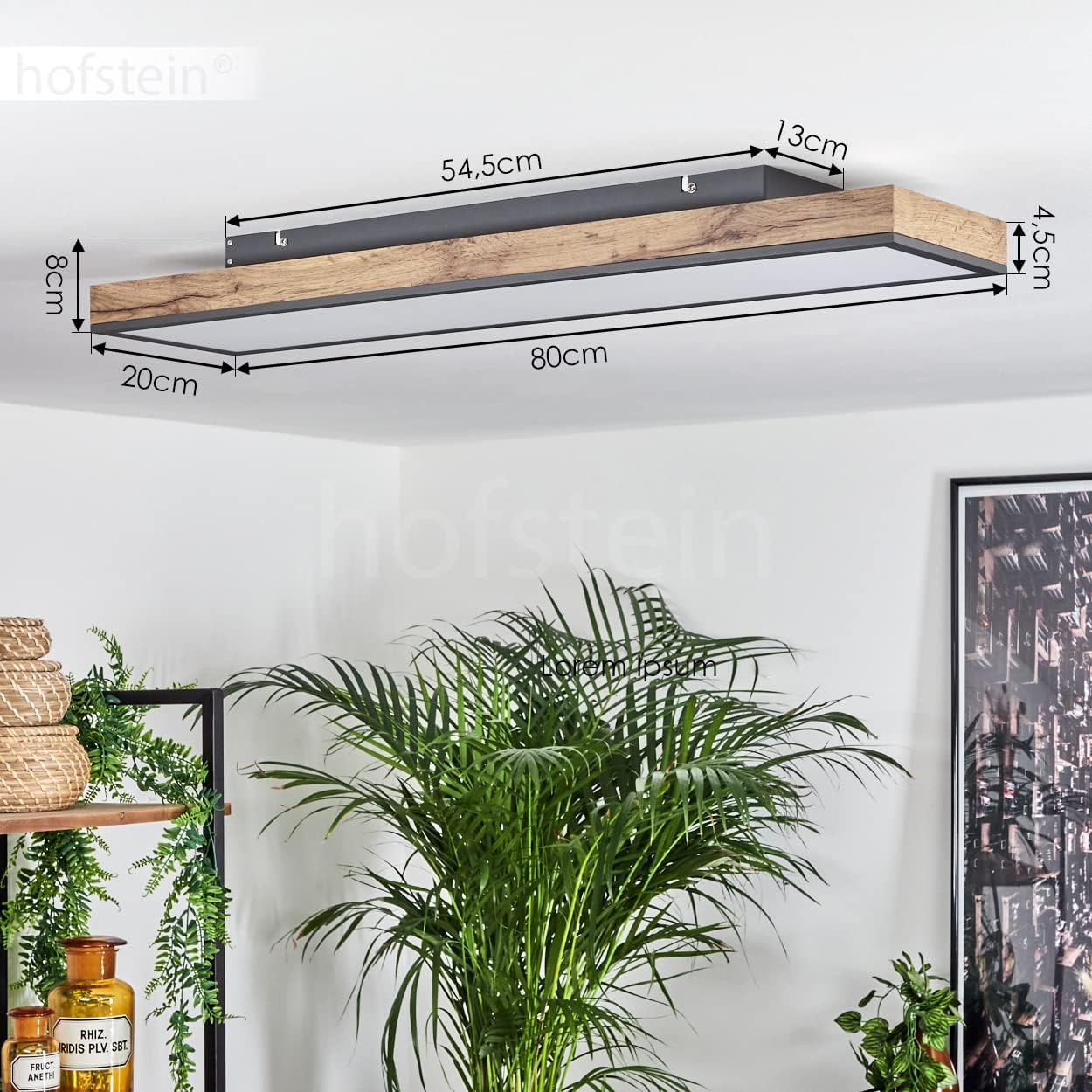 Dimensional diagram of the hofstein Salmi LED Ceiling Light showing length, width, and height measurements.