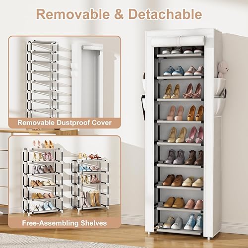 Miniatura 6 de Zapatero con cubierta, organizador estrecho de zapatos con 4 bolsillos laterales, estante de almacenamiento de zapatos de 10 niveles de altura con