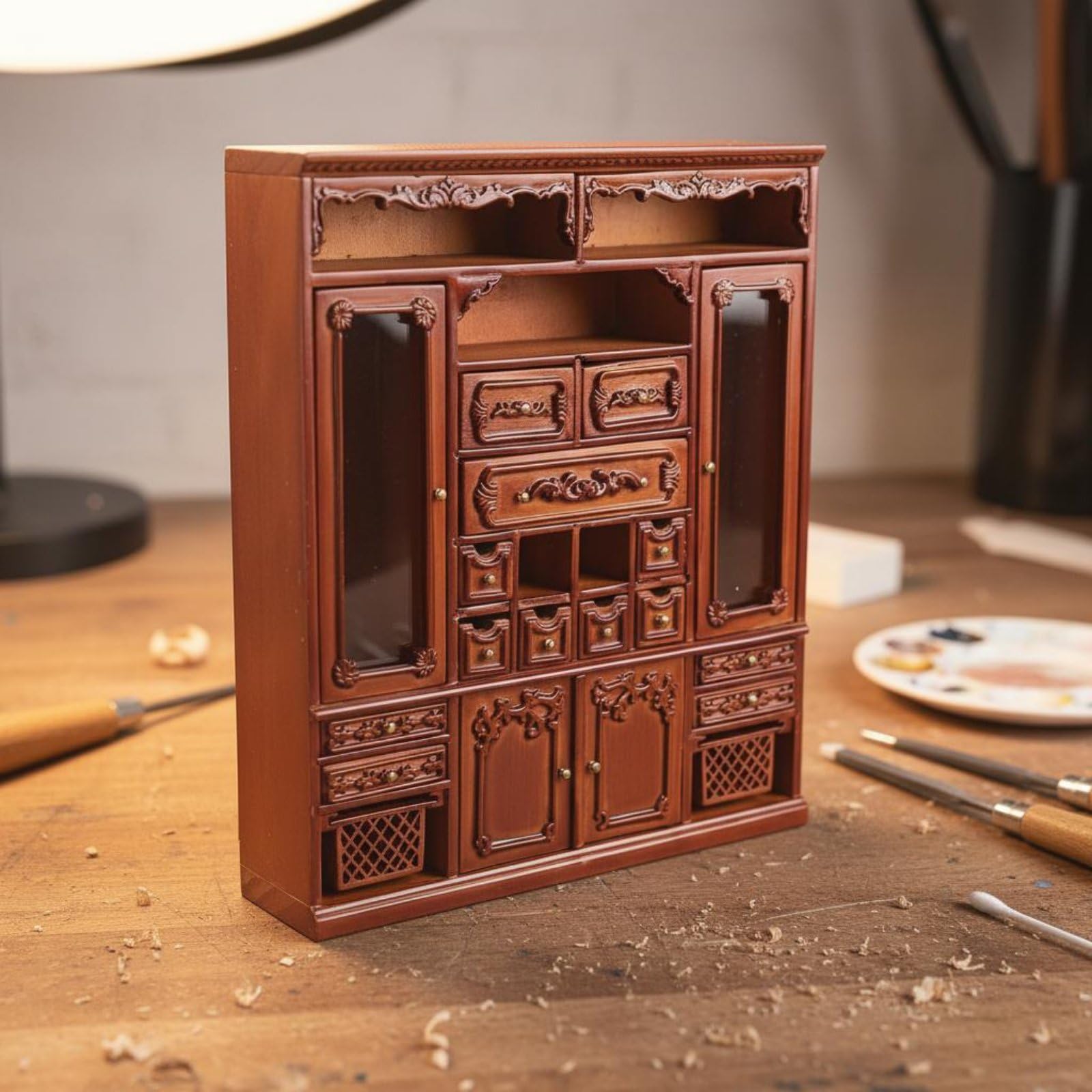 Mini Armadio Miniatura Armadietto Modello Casa Delle Bambole in Legno con Sportelli E Cassetti Funzionanti Artigianato Europeo Adatto per Collezionisti Diorami Esposizione Domestica 1 12