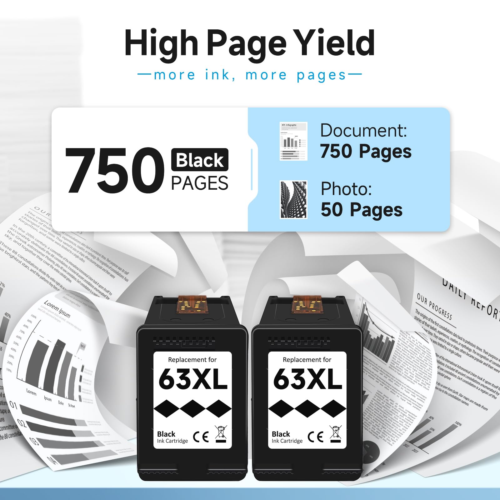 2-Pack HP 63XL Compatible Ink Cartridges - High Yield Black Ink For OfficeJet, Envy, DeskJet Printers