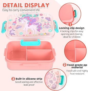 PinkSheep Bento Lunch Boxes for Kids, 1200 ml BPA-Free Leak-Proof Children Food Containers with 3 Compartments for Boys Girls (Unicorn)