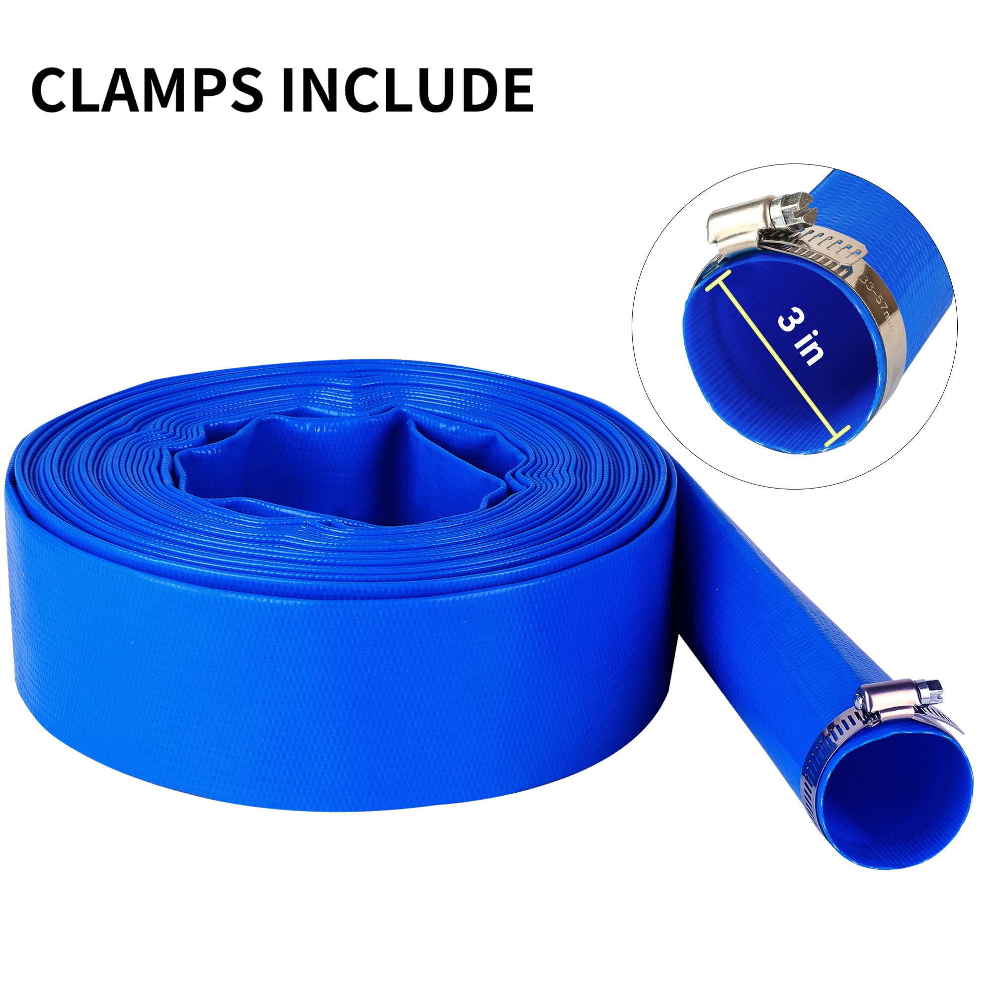 Manguera de retrolavado de piscina de 3 pulgadas x 50 pies, manguera de descarga de agua plana de PVC reforzado azul resistente para bomba de filtro de piscina, con 1 abrazadera