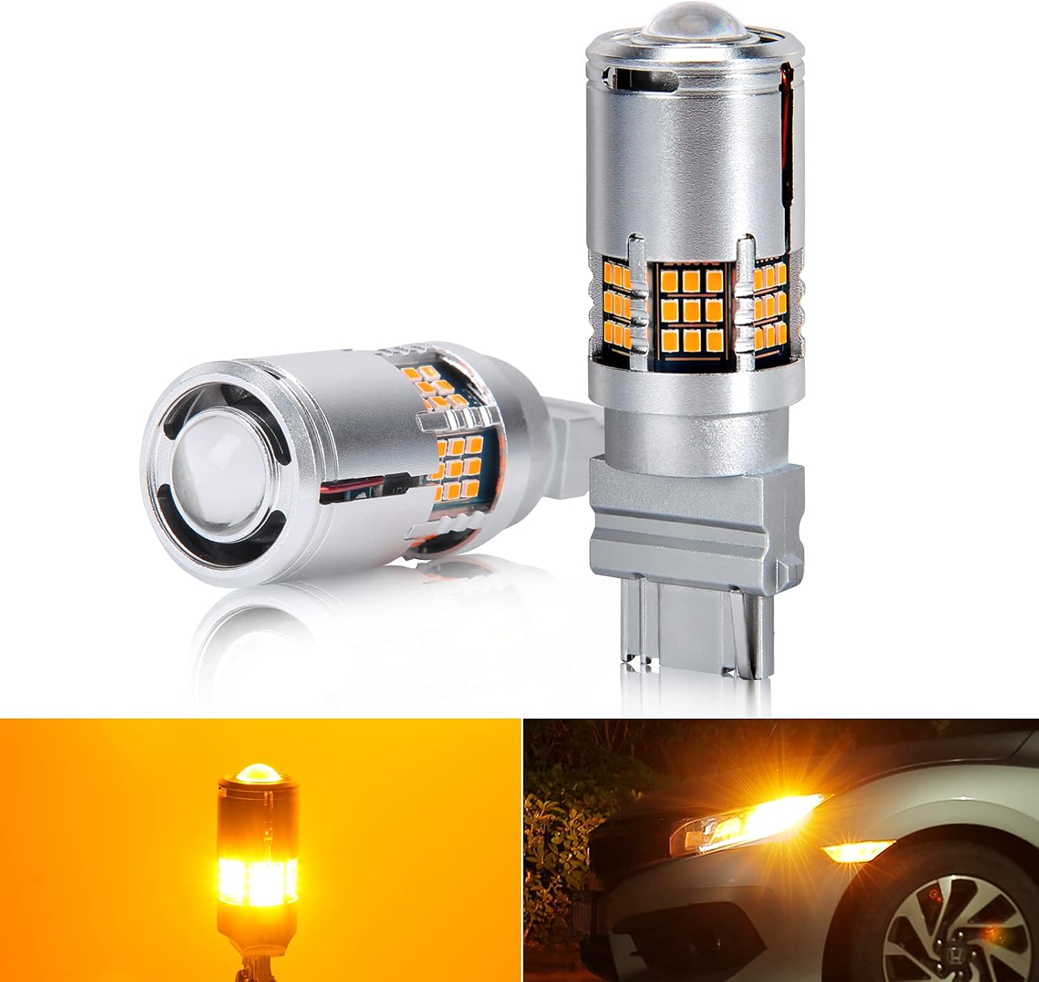 Newest 3156 Switchback LED Light Bulbs Built-in Canbus Resistors & Fan, 1200 Lumens 54-SMD 27W/ Projector Replacement for Turn Signal Lights, Amber Yellow