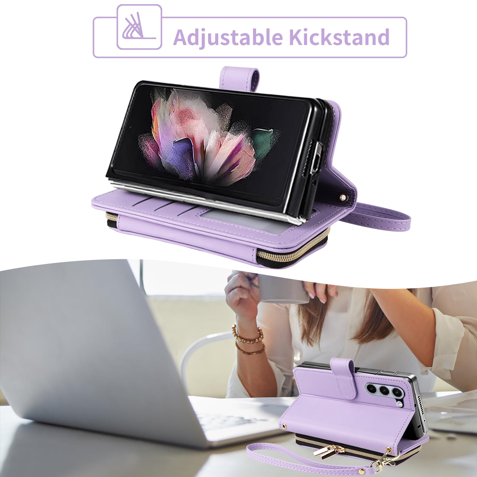 Furiet Wallet Case for Samsung Galaxy Z Fold 5 5G 2023 with Wrist Strap, Crossbody Shoulder Strap, 9+ Card Slots Zipper Purse, Luxury PU Leather Stand Cell Phone Cover for ZFold5 Z5 G Fold5 5Z Purple