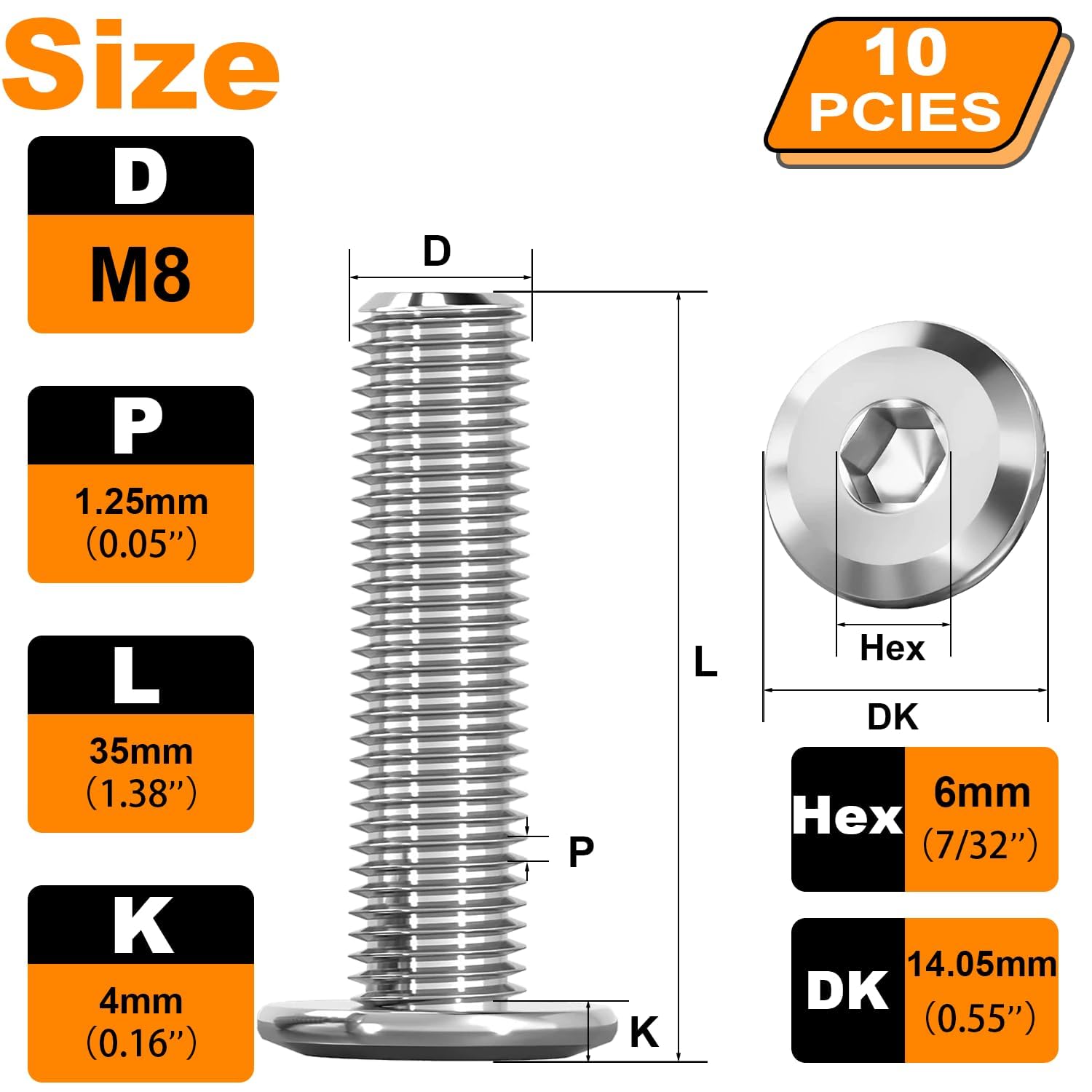 M8 Furniture Bolts, 10Pcs Hex Socket Head Screws Bolts, 304 Stainless Steel Hexagonal Flat Head Machine Screws - Image 2