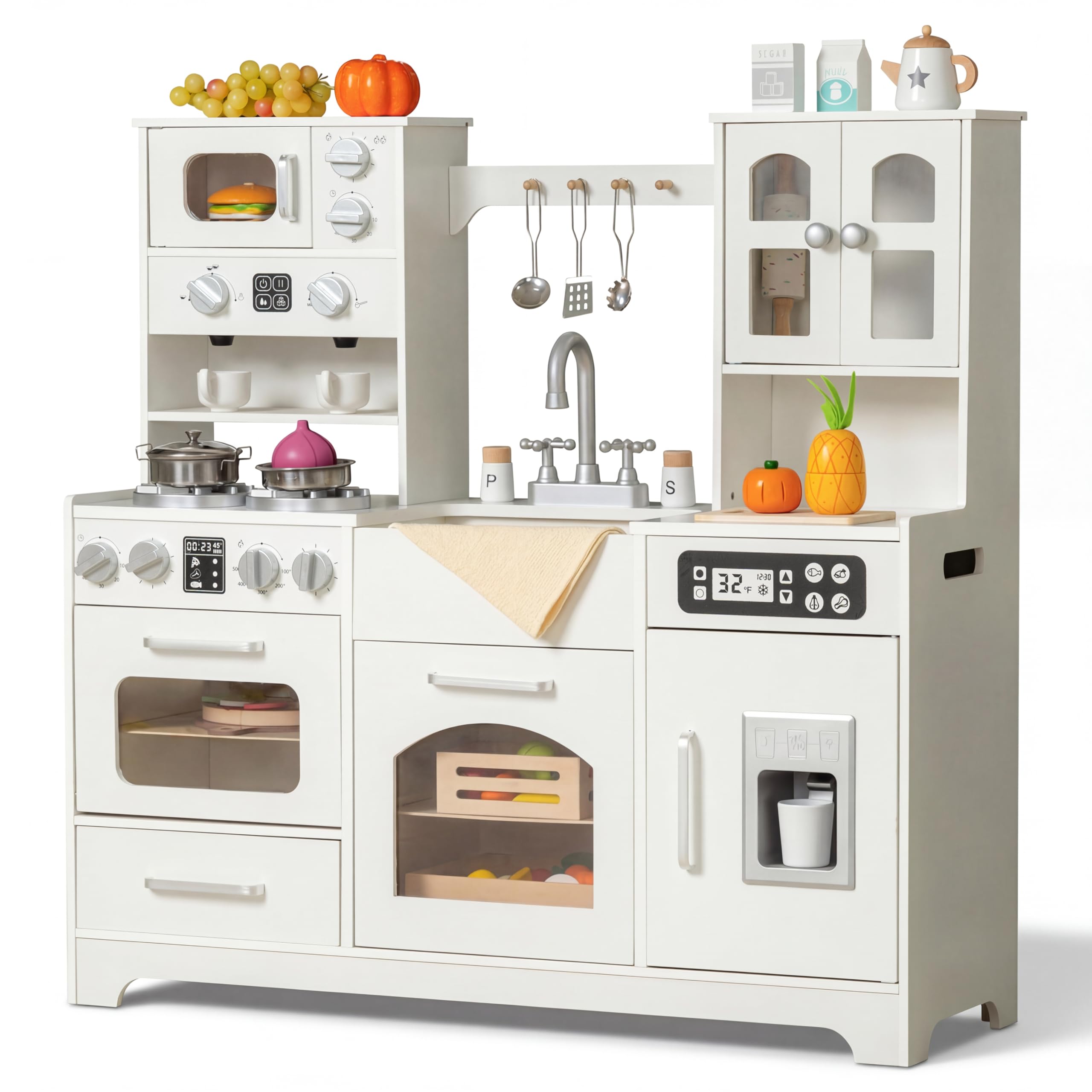 Cuisine de jeu en bois pour tout-petits et enfants avec lumières et sons, grand ensemble de jeu interactif avec machine à glaçons, cuisinière, évier, four, 12 accessoires, 3 à 8 ans