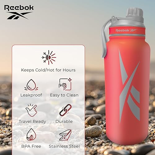Miniatura 3 de Reebok Botella de agua de acero inoxidable con diseño atlético, botella de agua aislada de 40 onzas con tapa para beber, botella de agua deportiva