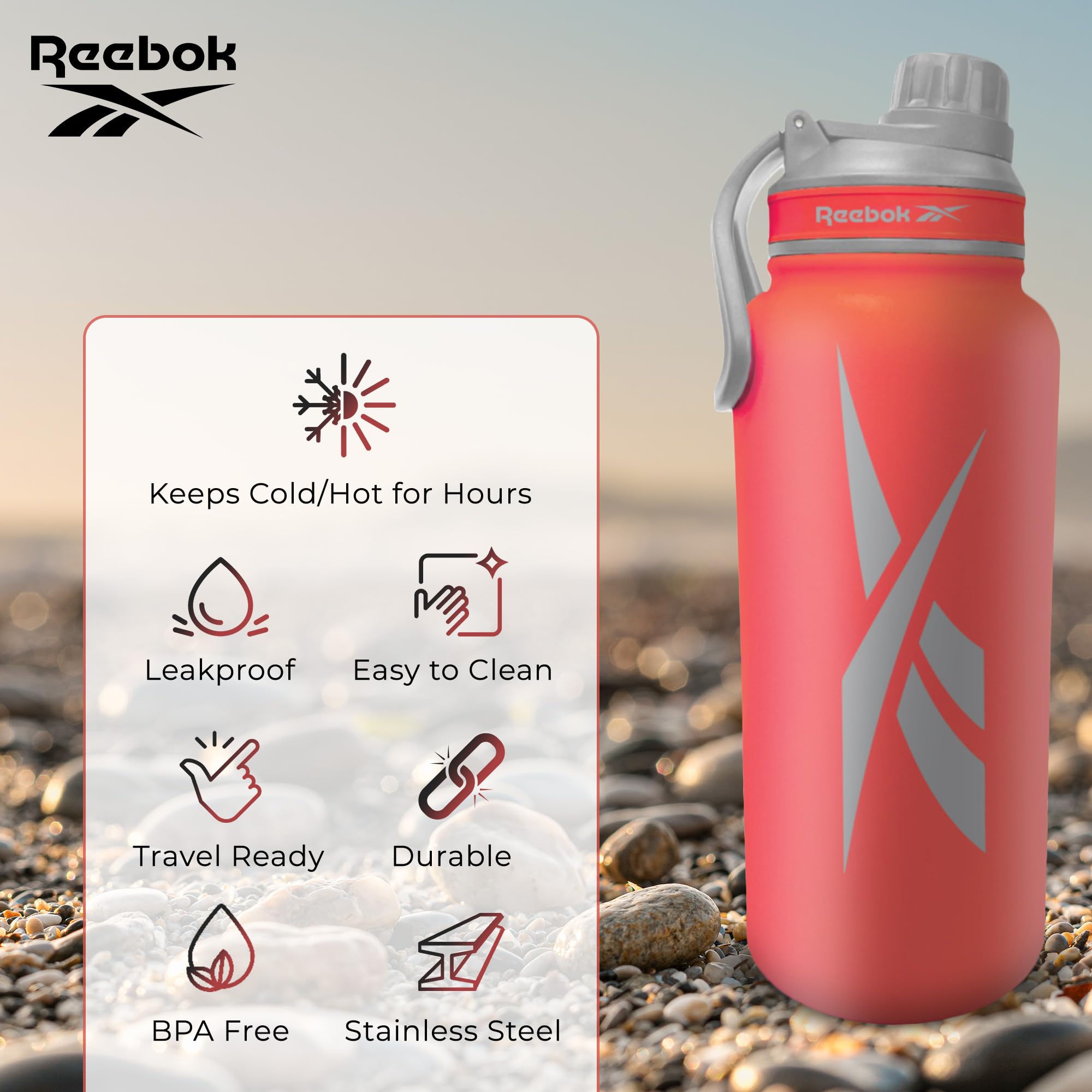 Reebok Borraccia in acciaio inox con design atletico, borraccia termica da 1134 ml, con coperchio Chug – Borraccia sportiva a doppia parete, senza BPA, rossa