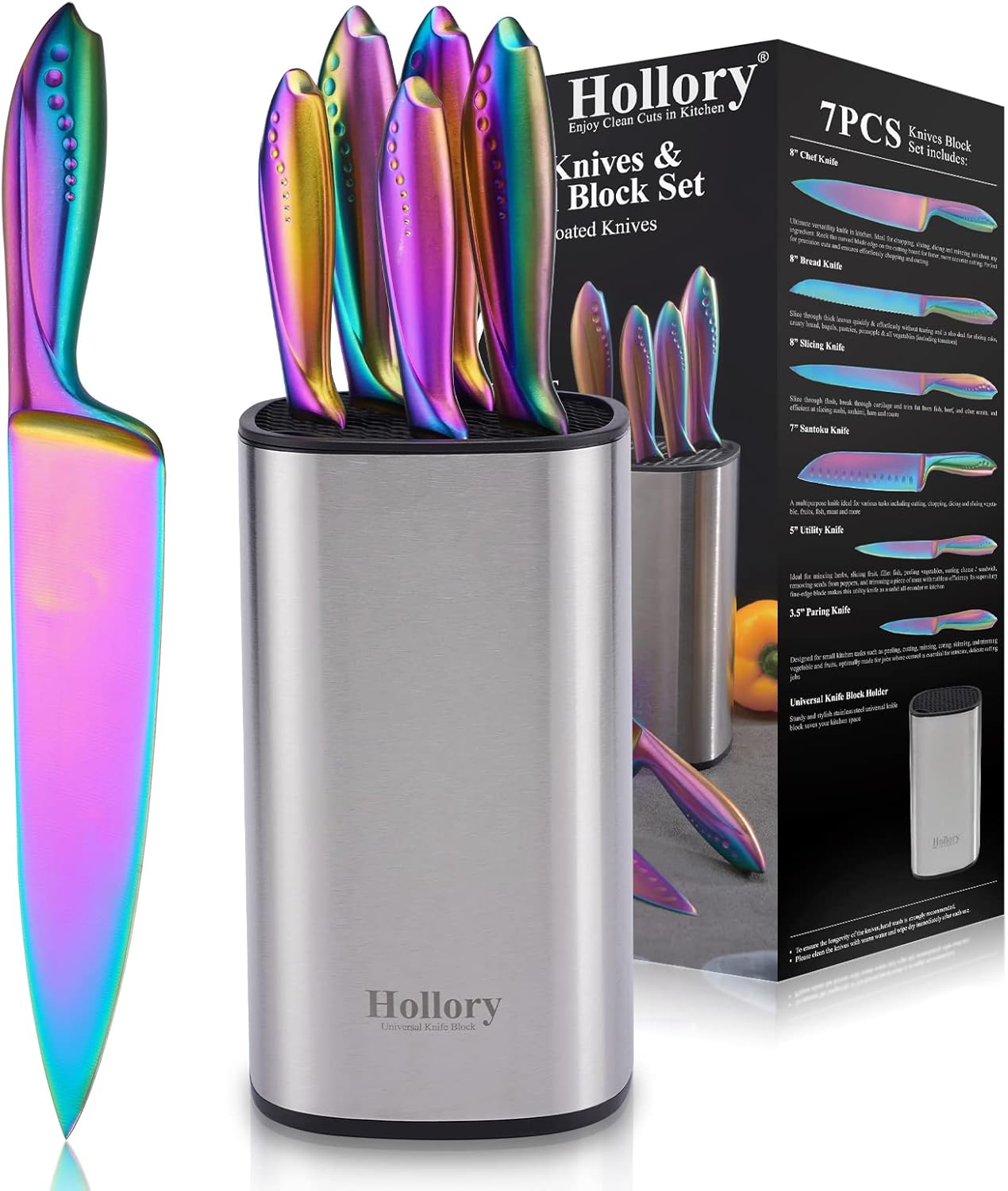 Rainbow Knives Block Set 7 Pieces, Iridescent German High Carbon Stainless Steel Kitchen Knives Pack with Universal Knife Holder