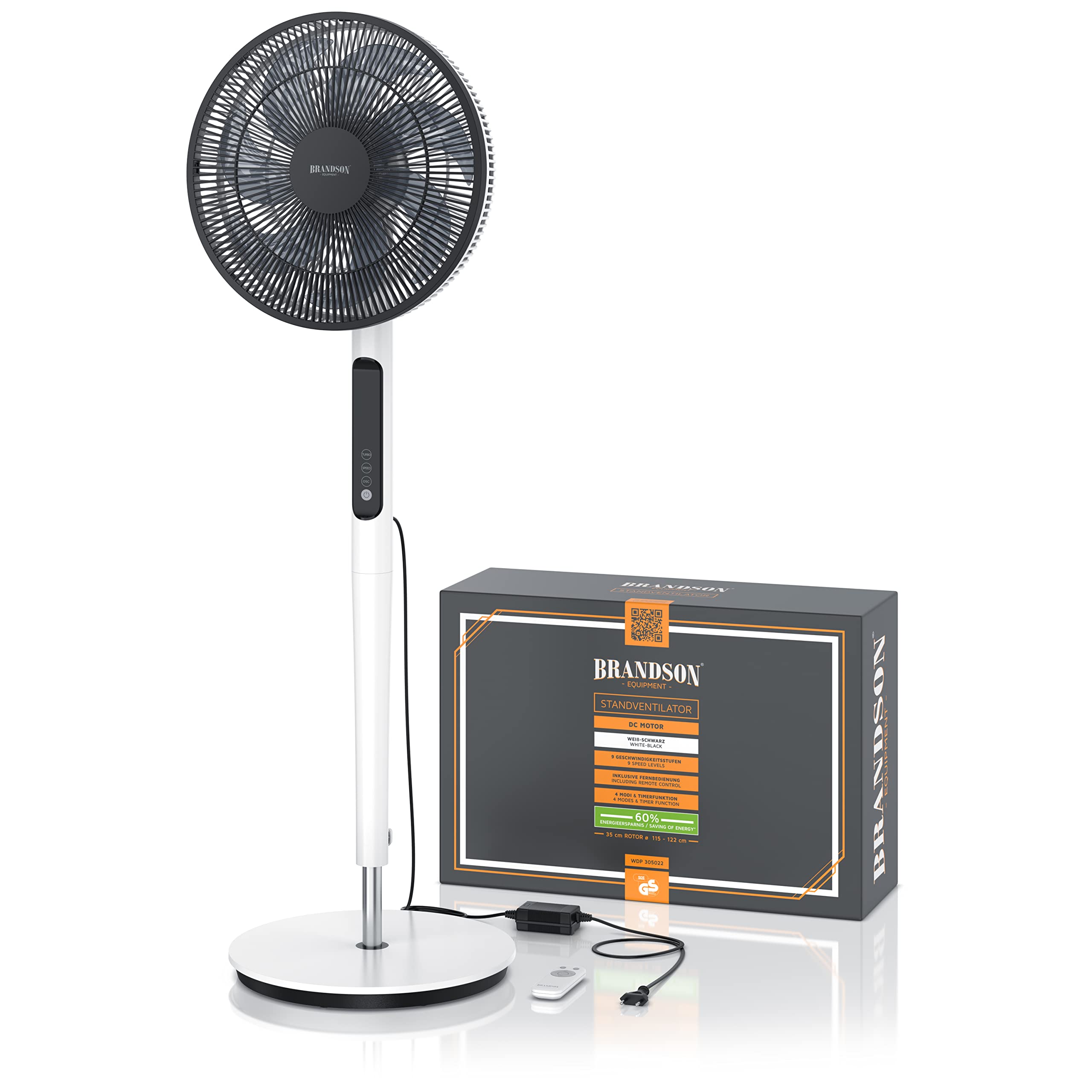 Brandson - DC Standventilator energiesparend ECO - Sieger Ventilatoren 2026 - Fernbedienung - Brushless Silent Motor - sehr leise – Oszilation 60° 90° 120° - 12 Stufen - Turbo Modus - weiß