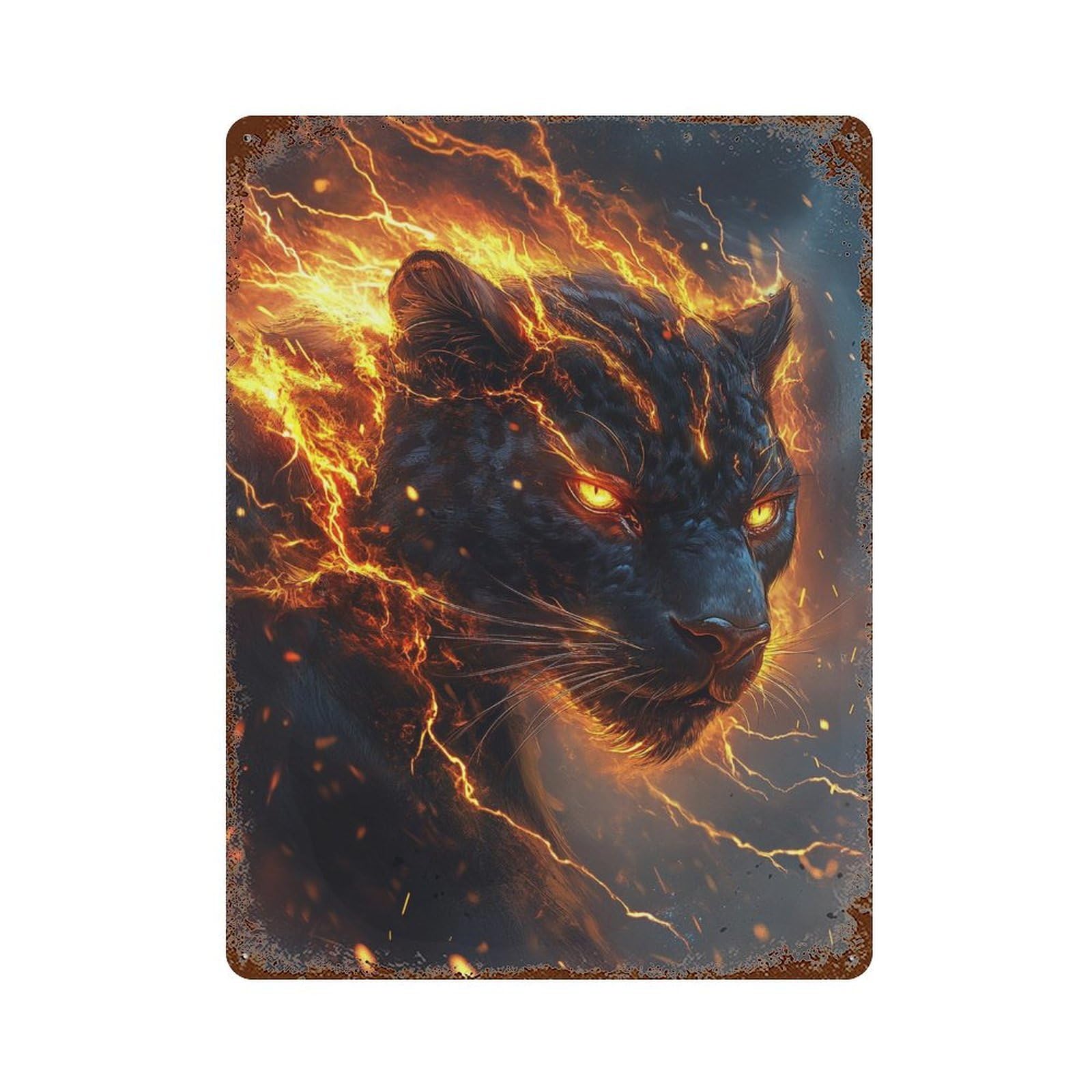 Black Panther with Fiery Aura Vintage Wall Sign 15.7"x11.8", Rust Effect Metal Decor for Garage, Bar And Workshop Decor