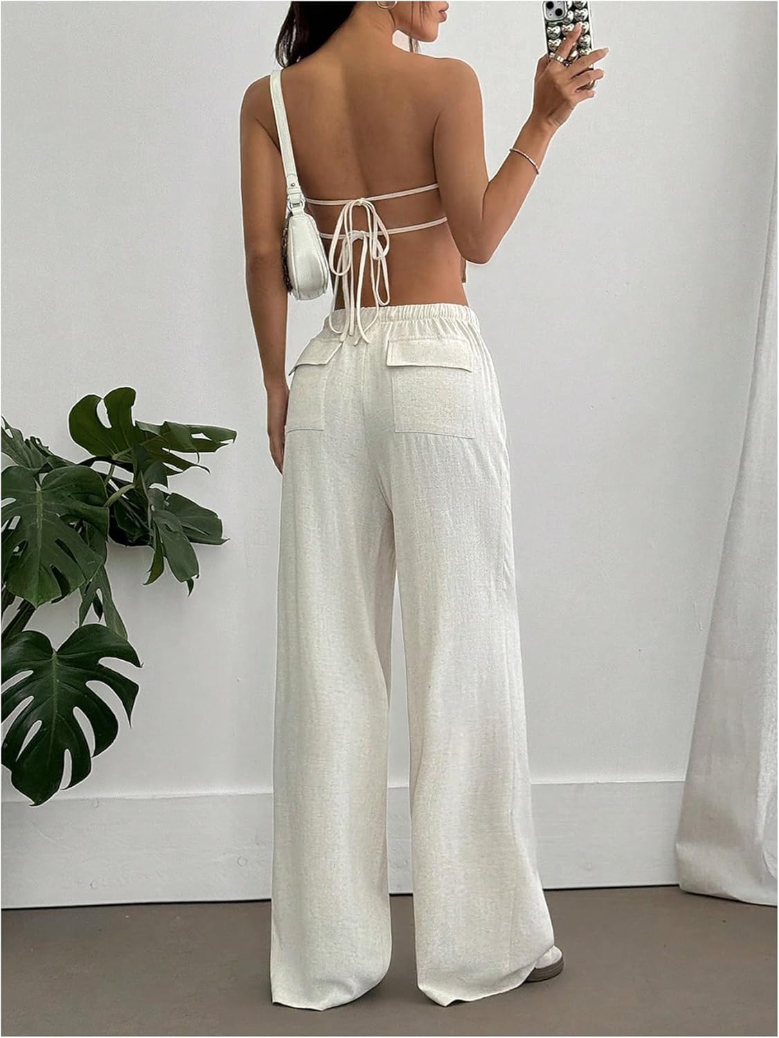 SHENHE Women's Linen 2 Piece Set Open Back Crop Tube Top and Wide Leg Pants Vacation Outfits - Image 2