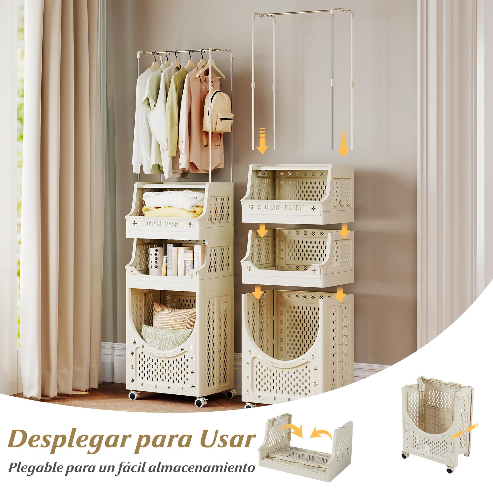 GOPLUS 2 en 1 Cesto para Ropa Sucia con Perchero, Cesta de Colada Inclinable y Extraíble con Ganchos y Compartimento Abierto, Mueble de Lavandería Plegable con Ruedas para Baño (21L+21L+40L)