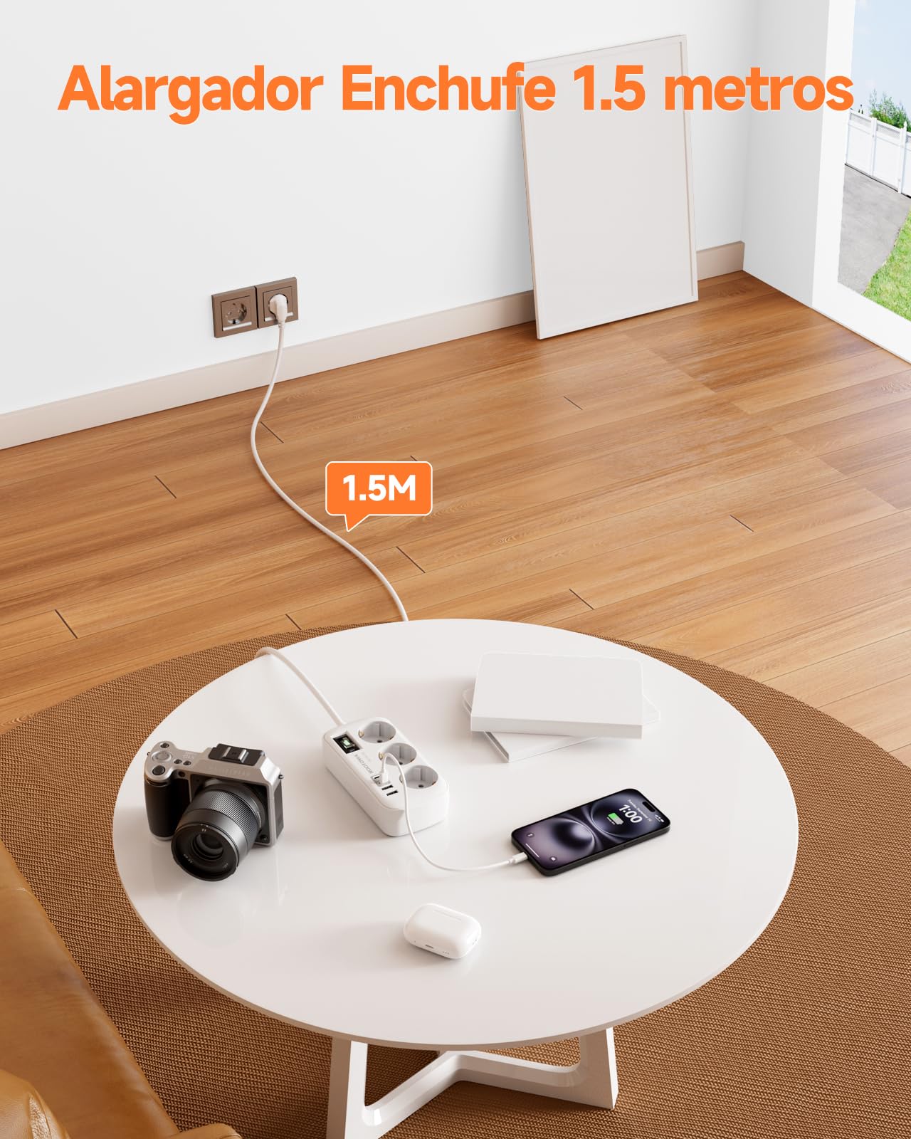 Regletas Enchufes con USB, Protección Sobretensión, 3 Tomas con Interruptor, Enchufe Múltiple de Carga 2 USB C y 2 USB A (5V/3,1A), Cable 1,5m, Ideal para Viajes y Hogar, 16A/4000W — view 5