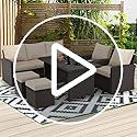 Image of DEVOKO Outdoor Patio Sectional Sofa Couch, Wicker Furniture Conversation Sets And Ottomans With Washable Cushions & Center Table For Garden, Poolside (Dark Brown And Cream, 7-Person Sofa)