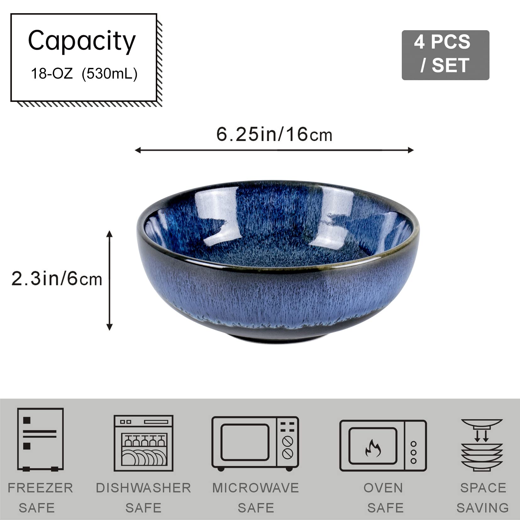 UNICASA Ceramic Cereal Bowls Set, 18 OZ Salads Bowls Set of 4, Dessert Serving Bowl for Soup, Reactive Glaze Ramen Bowls, Microwave Oven and Dishwasher Safe, Blue