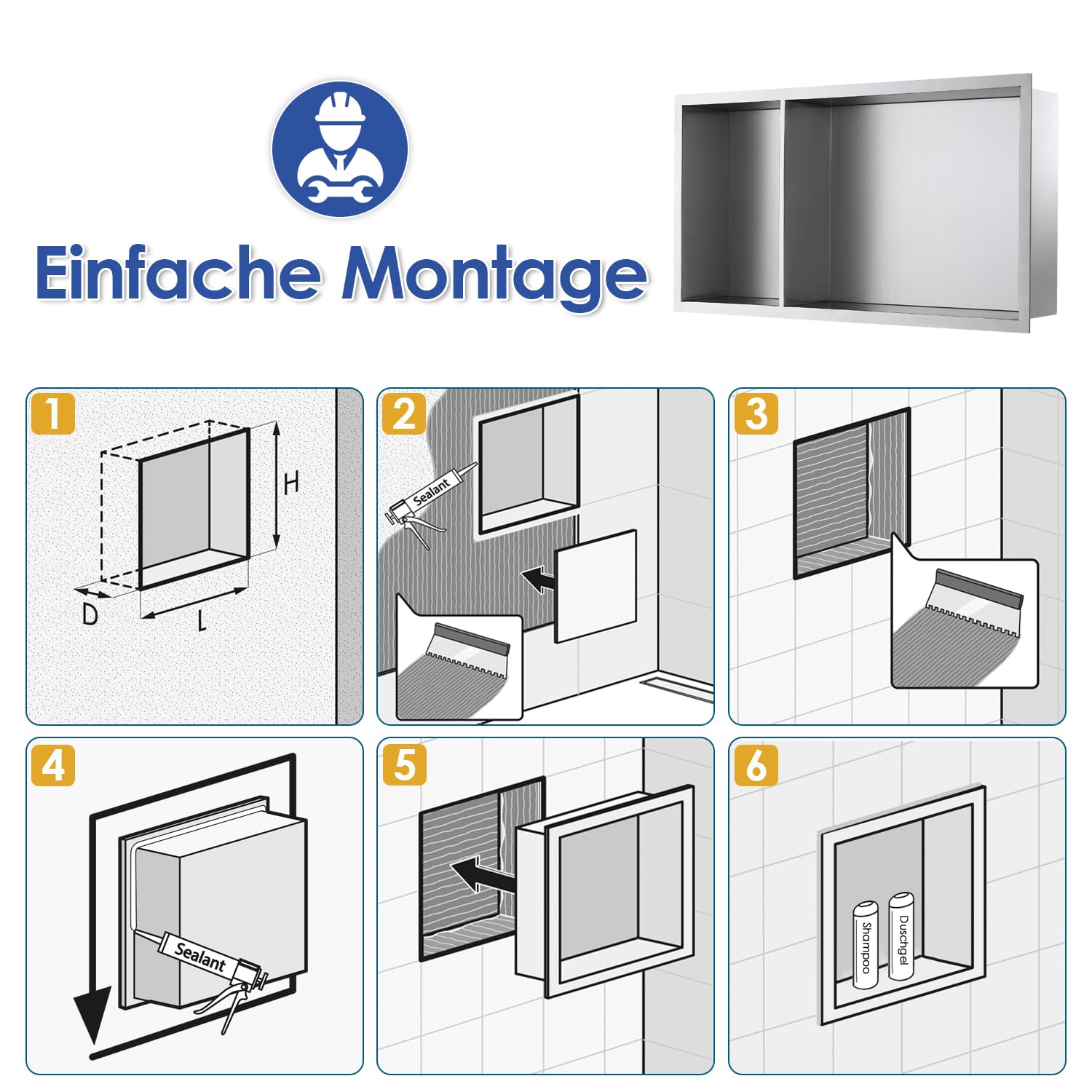 ROVOGO 60x30x10 cm Zweistufige Wandnische Dusche mit 2:1-Abteilverhältnis, Eingebettete Doppel-Duschnische Lagerung für Bad, Edelstahl 304 Einbaunische Übermontage, Einbauregal & Wandregal, Gebürstet