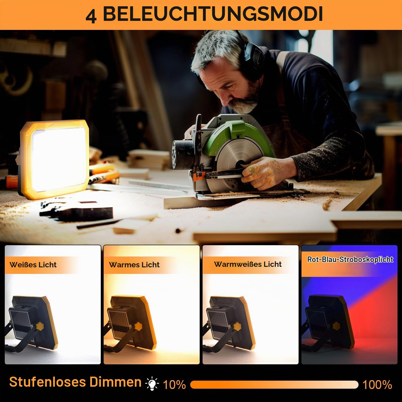 Solar LED Akku Strahler, 10000LM, 7800mAh, 4 Lichtmodi, IP54 | 60W, USB-Ausgangsfunktion, Batterie-Digitalanzeige, Stufenloses Dimmen für Camping, Baustelle, Garage, Angeln, Notfall
