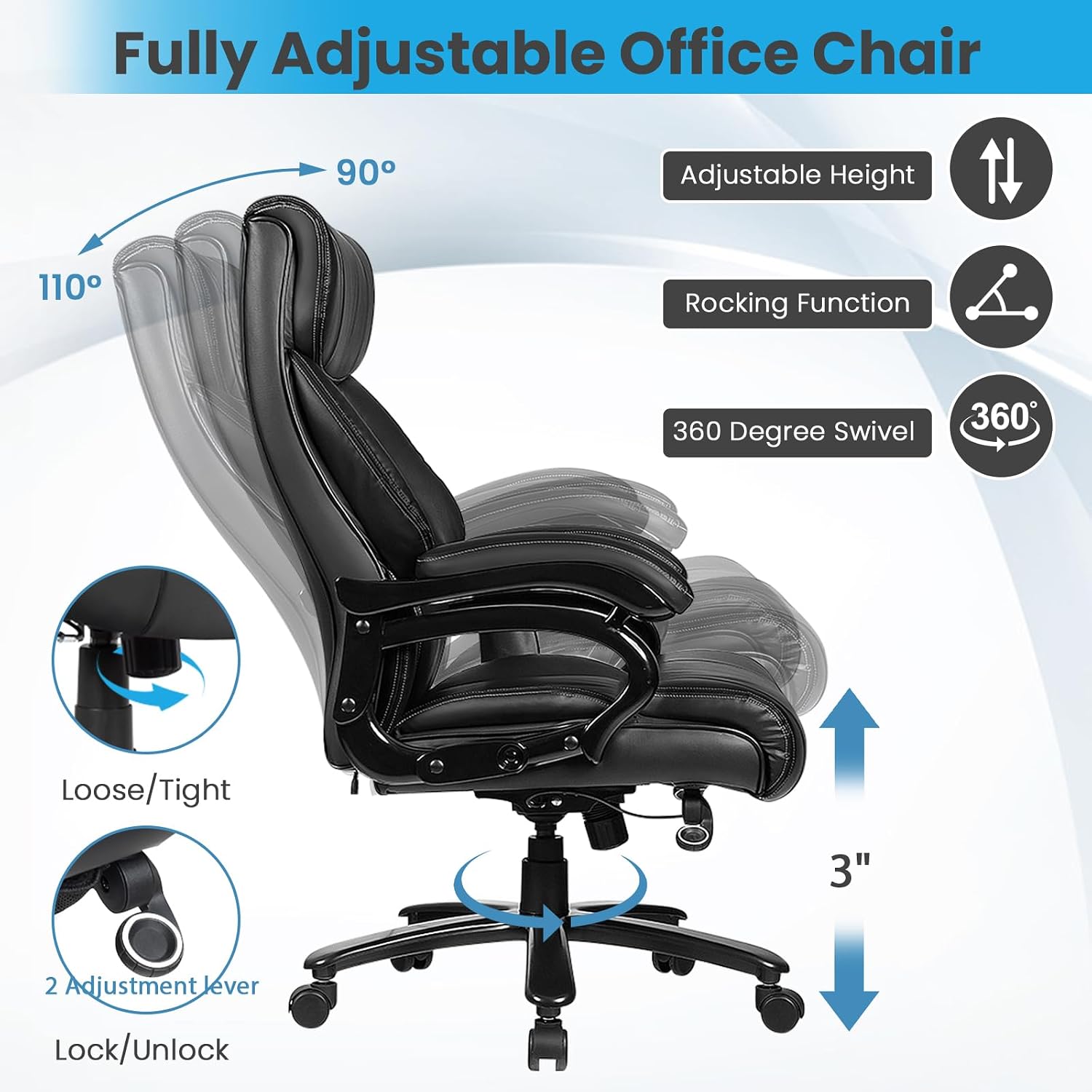 POWERSTONE Big and Tall Office Chair 500lbs, Ergonomic Heavy-Duty Office Chairs - High Back, Thick Padded, Adjustable Massage Executive Office Chair Home Office Desk Office Chairs
