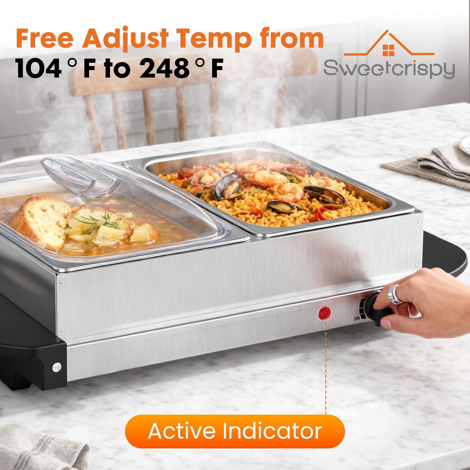 Sweetcrispy Buffet Servers and Warmers, Warming Tray with Temperature Control, 5QT Chafing Dish Buffet Set Perfect for Parties, Holidays & Entertaining, Dishwasher Safe, Stainless Steel