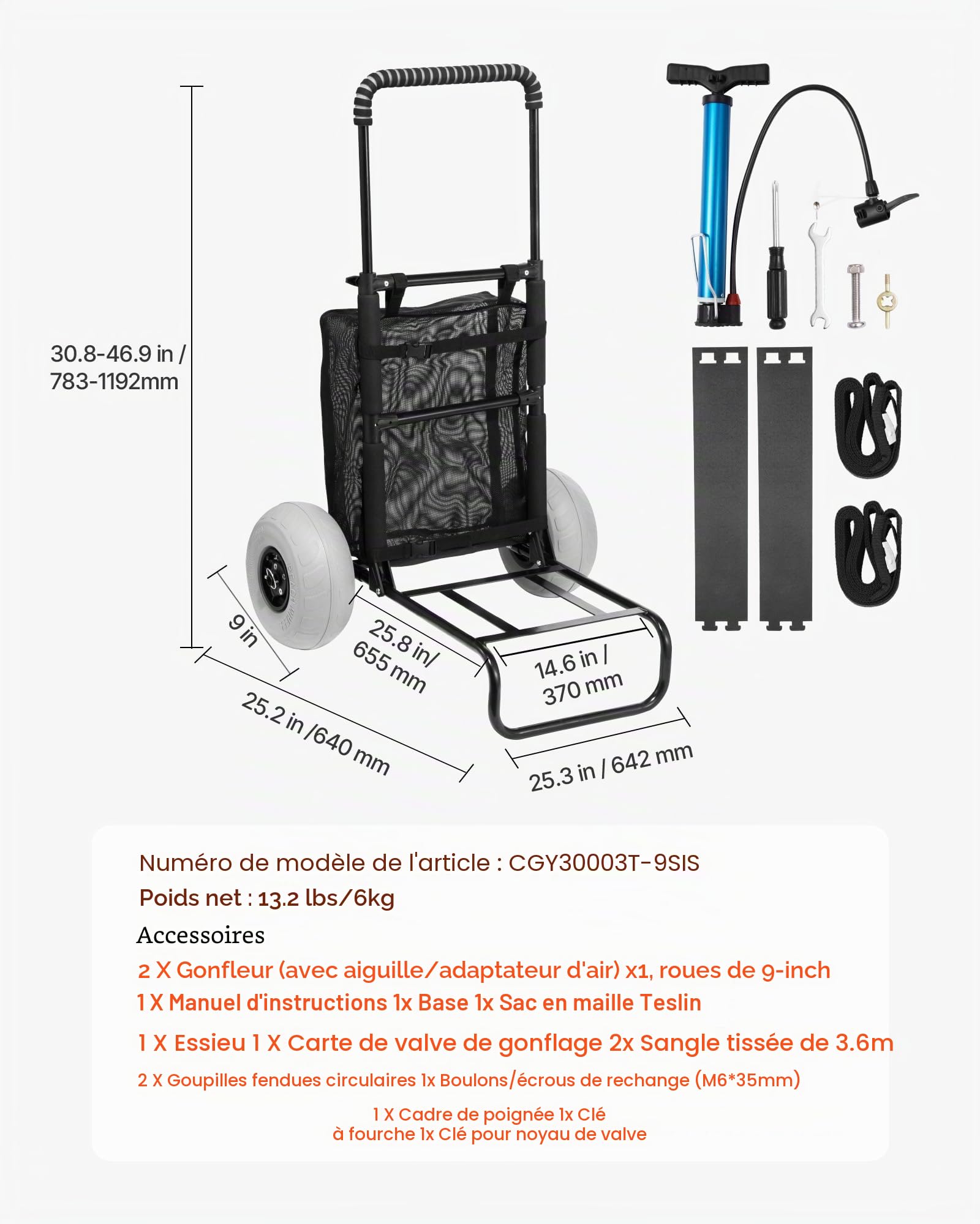 VEVOR Chariot de Plage avec Grandes Roues pour Le Sable, Porte-Bagages 510 x 370 mm, Chariot de Transport Pliable avec Roues Ballon de 228,6 mm, 74,8 kg, Hauteur 690 à 1140 mm, pour Plage, Camping