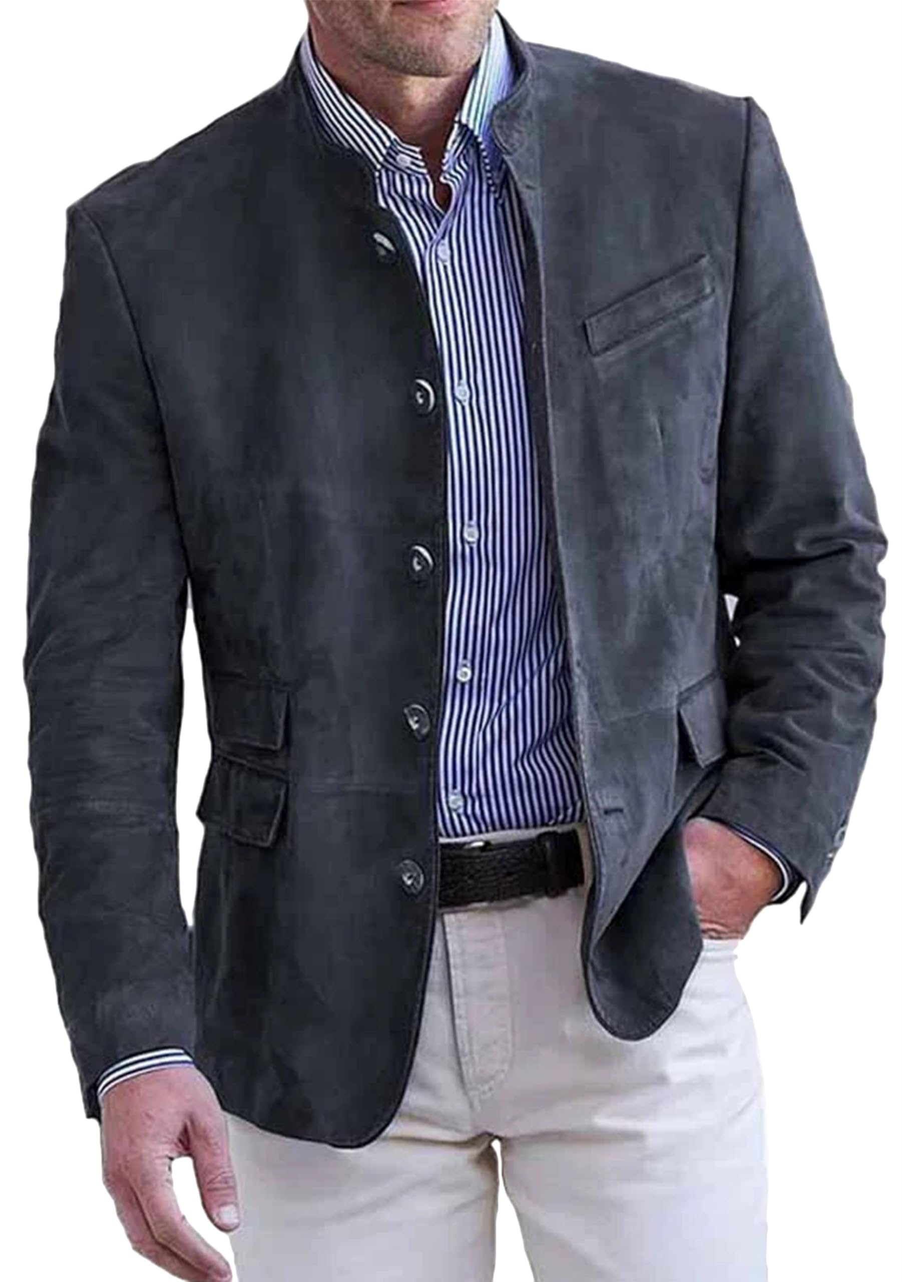 OMZIN Blazer Vintage Homme Veste de Costume en Daim à Manches Longues en Cuir Simili Boutonnée en Un Rangs Élasticisée pour Le Printemps
