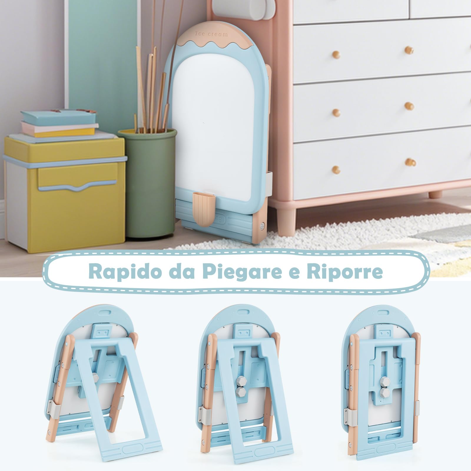 RELAX4LIFE Lavagnetta Cancellabile Bambini Pieghevole con Sedia, Altezza Regolabile, Cavalletto con Lavagna Bianca, Scatola Portaoggetti, Gomma e Pennarelli, Set da Disegno per Bambini 1+ Anni (Blu)