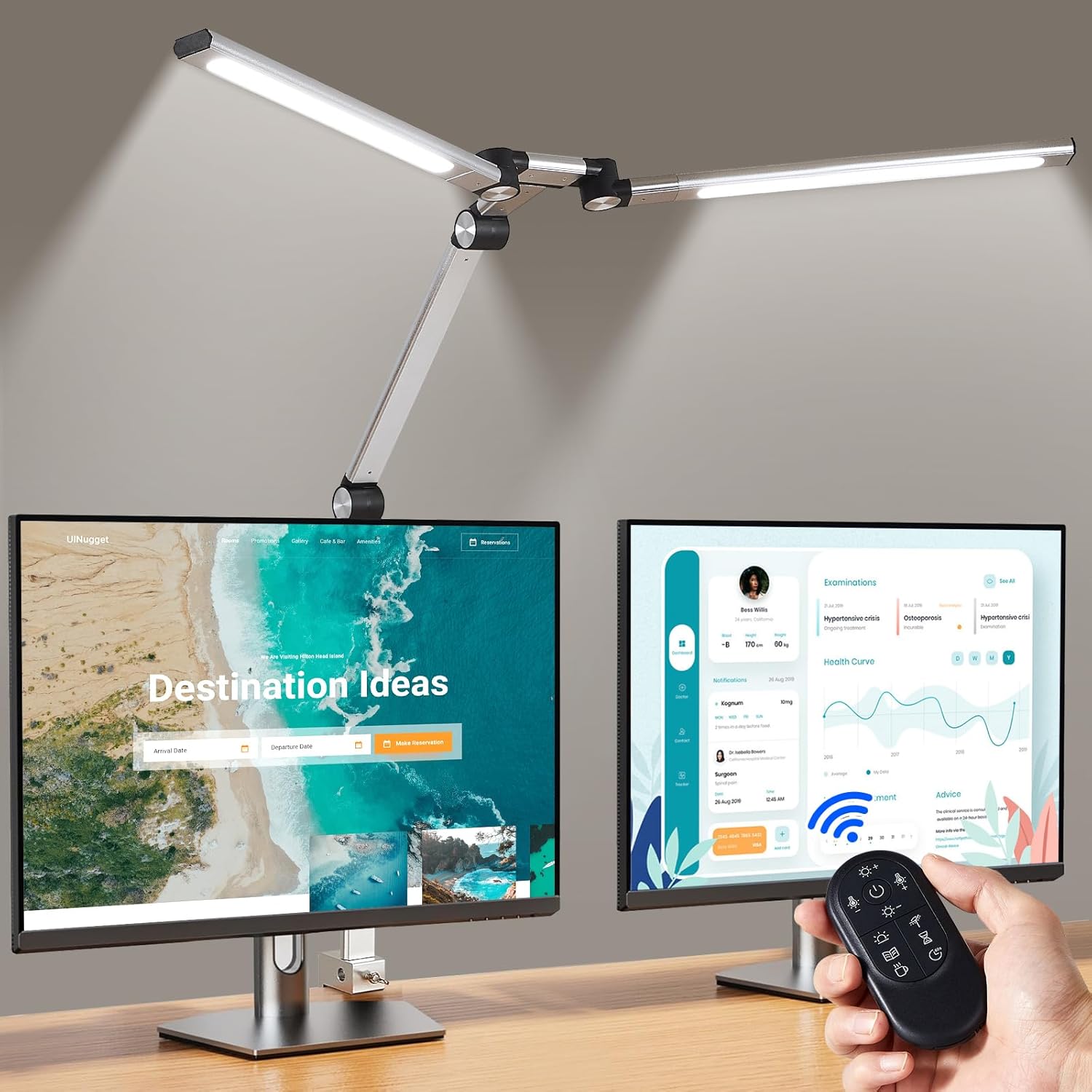 Led Desk Lamp with Clamp, Eye-Care Architect Desk Lamp for Home Office with Remote, 24W Ultra Bright Double Head Aluminum Computer Monitor Light for Reading Study Drafting, 25 Lighiting Modes