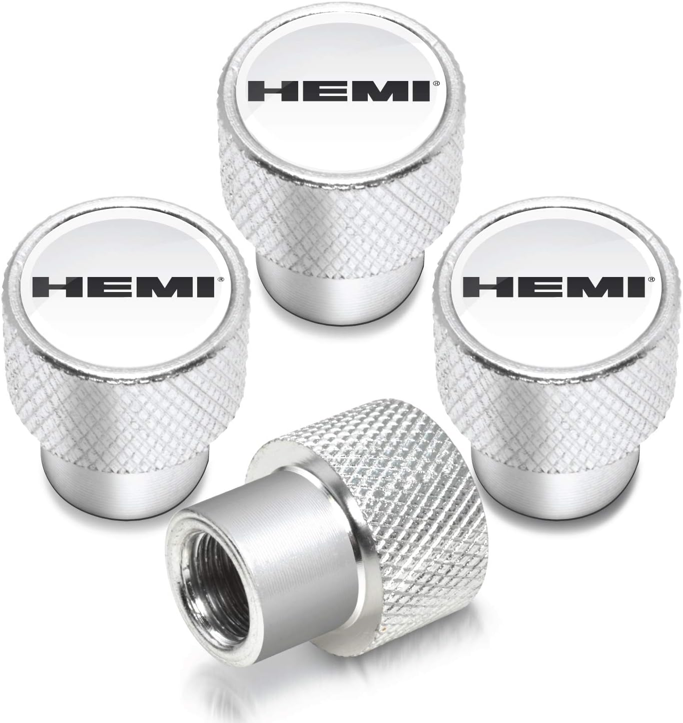 iPick Image for HEMI Logo in White on Shining Silver Aluminum Tire Valve Stem Caps